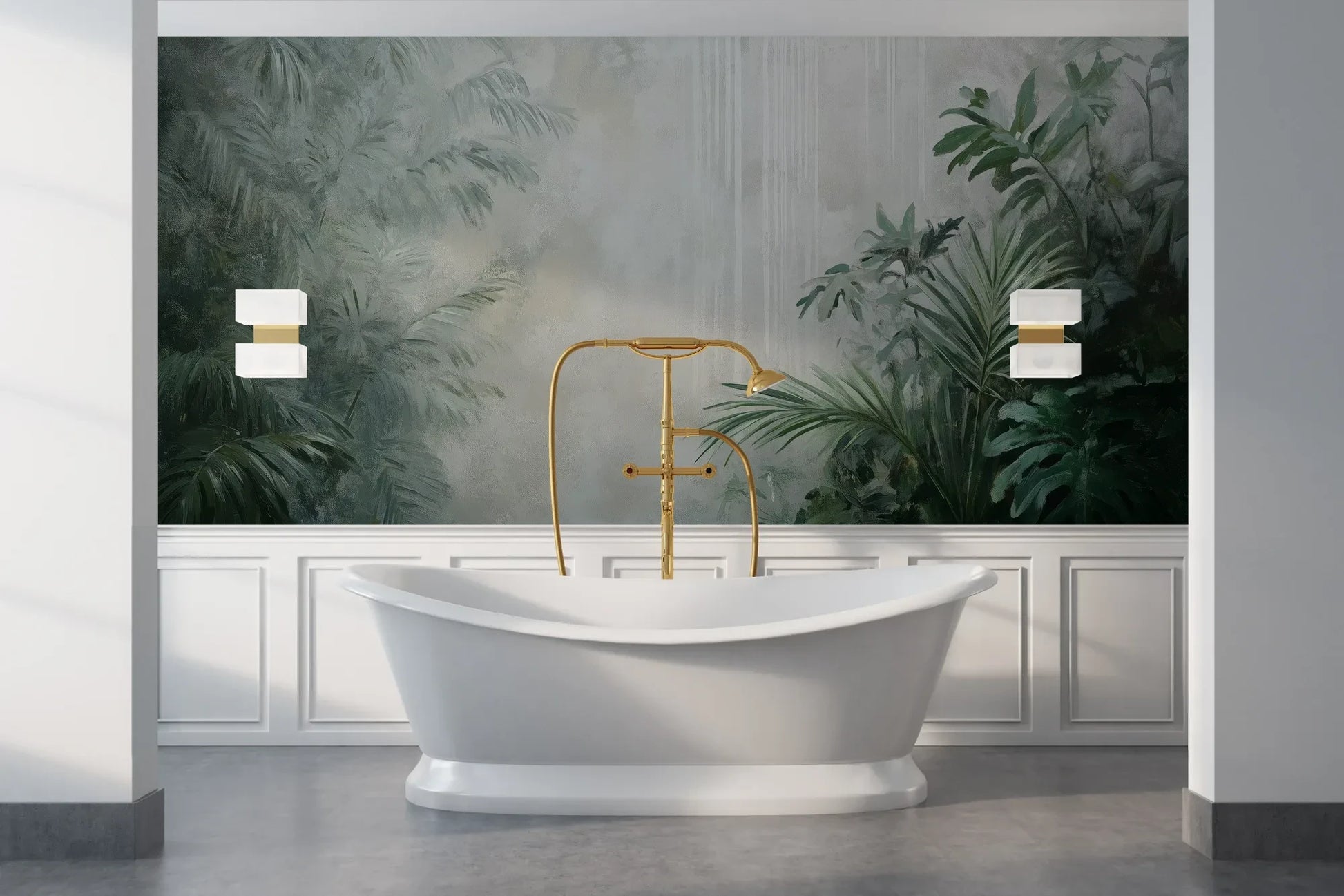 Wzór fototapety MISTY VALLEY - tapeta z tropikalnym lasem we mgle pokazanej w aranżacji łazienki.