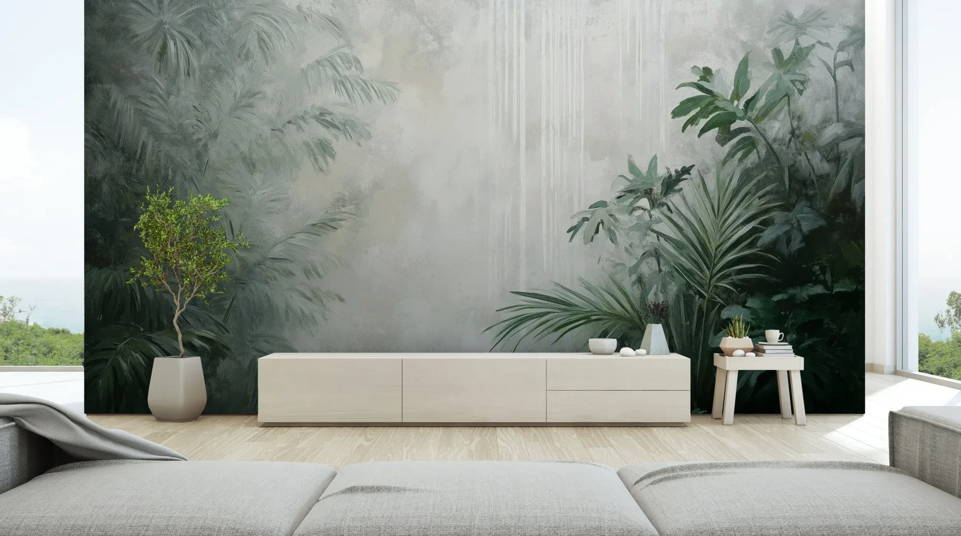 Wzór fototapety MISTY VALLEY - tapeta z tropikalnym lasem we mgle pokazanej w aranżacji salonu.
