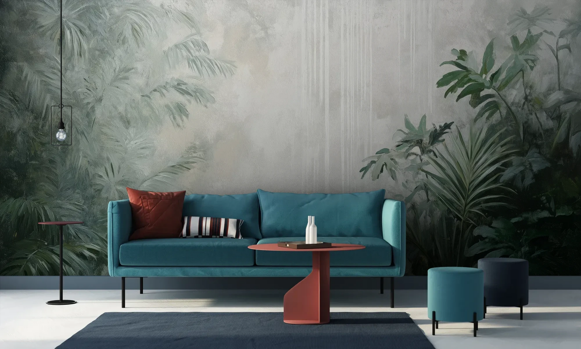Wzór fototapety MISTY VALLEY - tapeta z tropikalnym lasem we mgle pokazanej w aranżacji salonu.