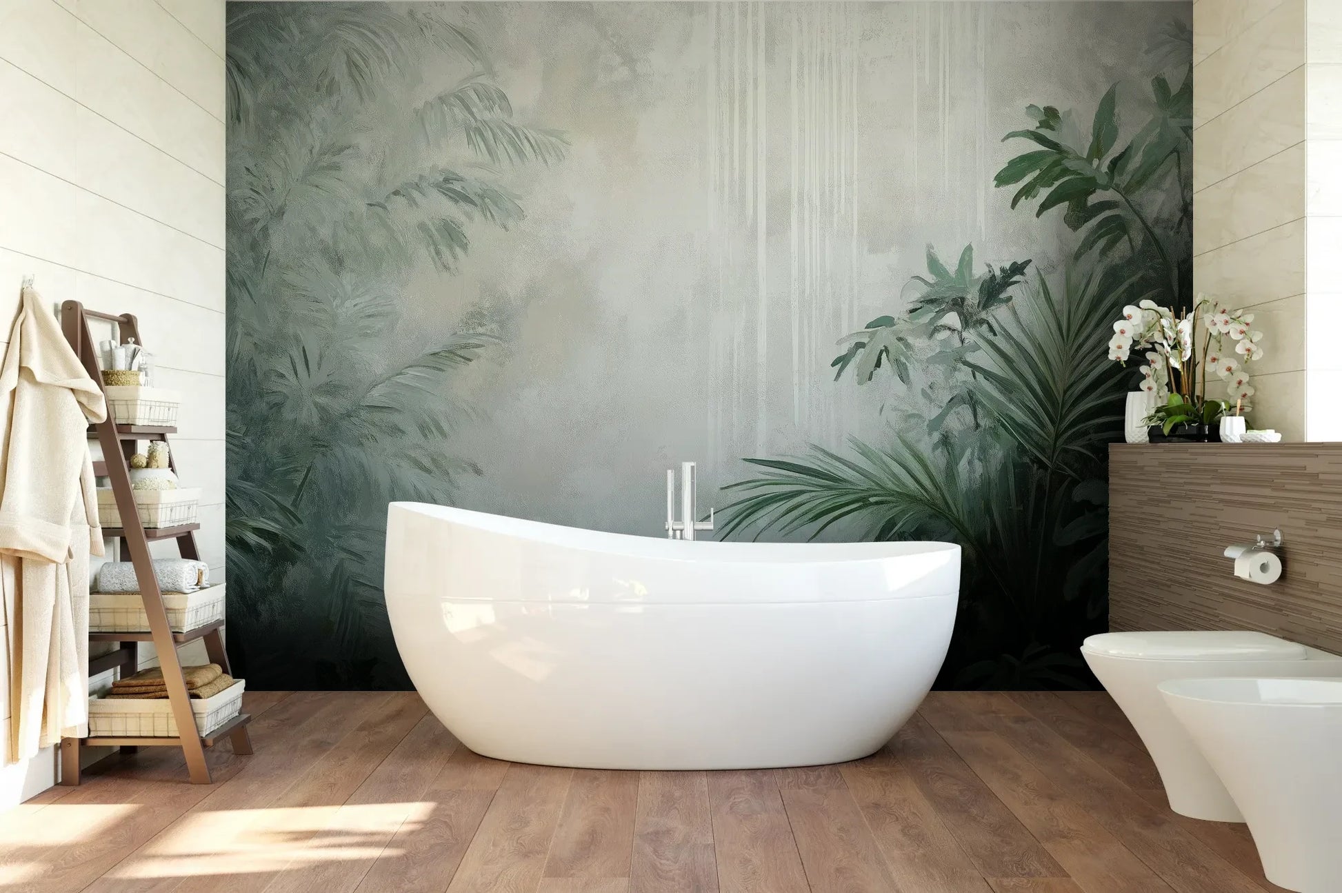 Wzór fototapety MISTY VALLEY - tapeta z tropikalnym lasem we mgle pokazanej w aranżacji łazienki.