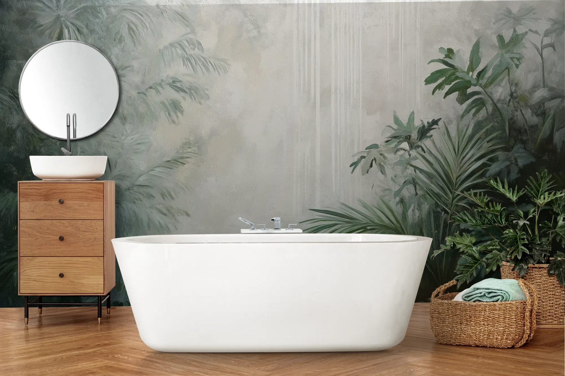 Wzór fototapety MISTY VALLEY - tapeta z tropikalnym lasem we mgle pokazanej w aranżacji łazienki.