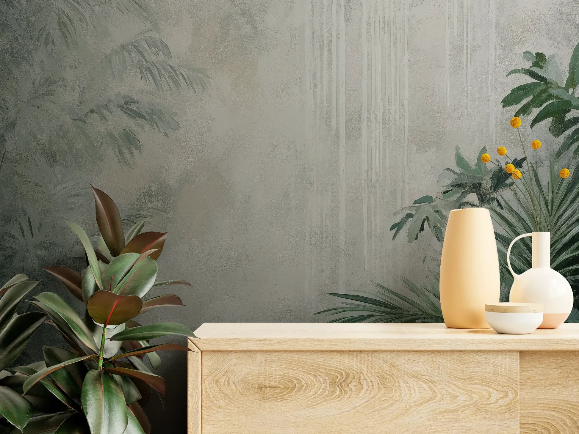 Fototapeta MISTY VALLEY - tapeta z tropikalnym lasem we mgle pokazana w aranżacji wnętrza z akcentem na ścianie.