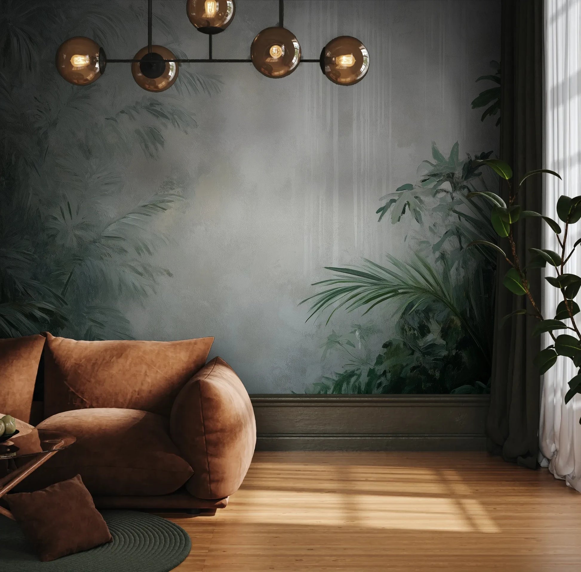 Fototapeta MISTY VALLEY - tapeta z tropikalnym lasem we mgle pokazana w aranżacji wnętrza z akcentem na ścianie.