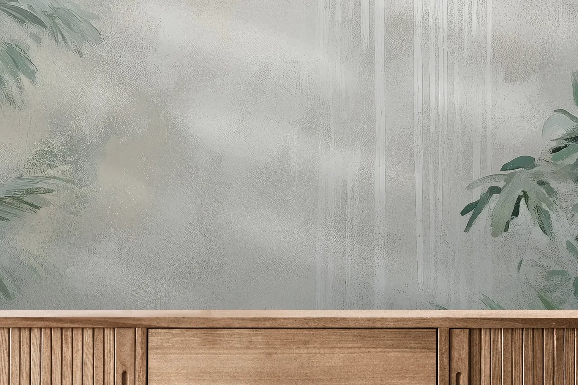 Fototapeta MISTY VALLEY - tapeta z tropikalnym lasem we mgle pokazana w aranżacji wnętrza z akcentem na ścianie.