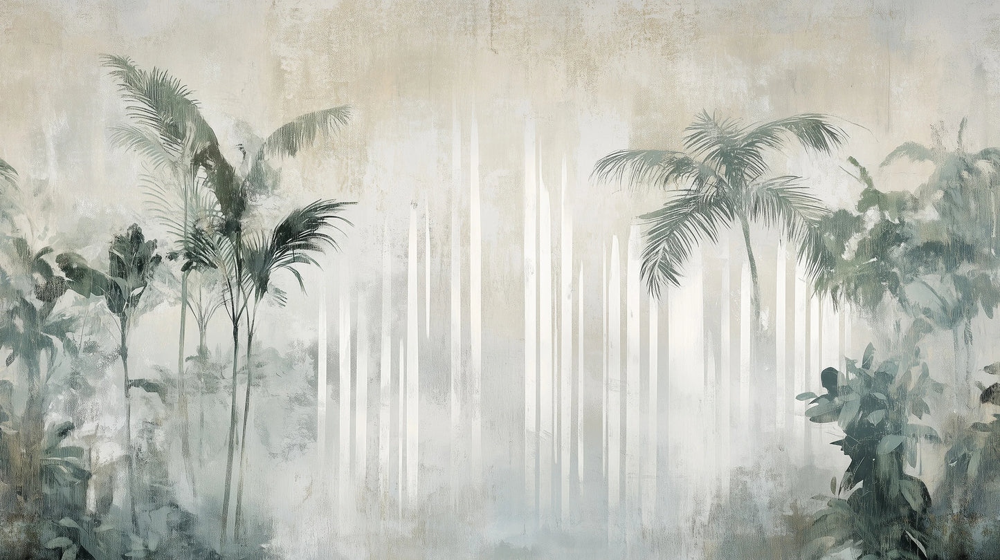 Prezentacja całego wzoru fototapety o nazwie CRYSTAL PALMS - tapeta z mglistą dżunglą w delikatnych szarościach