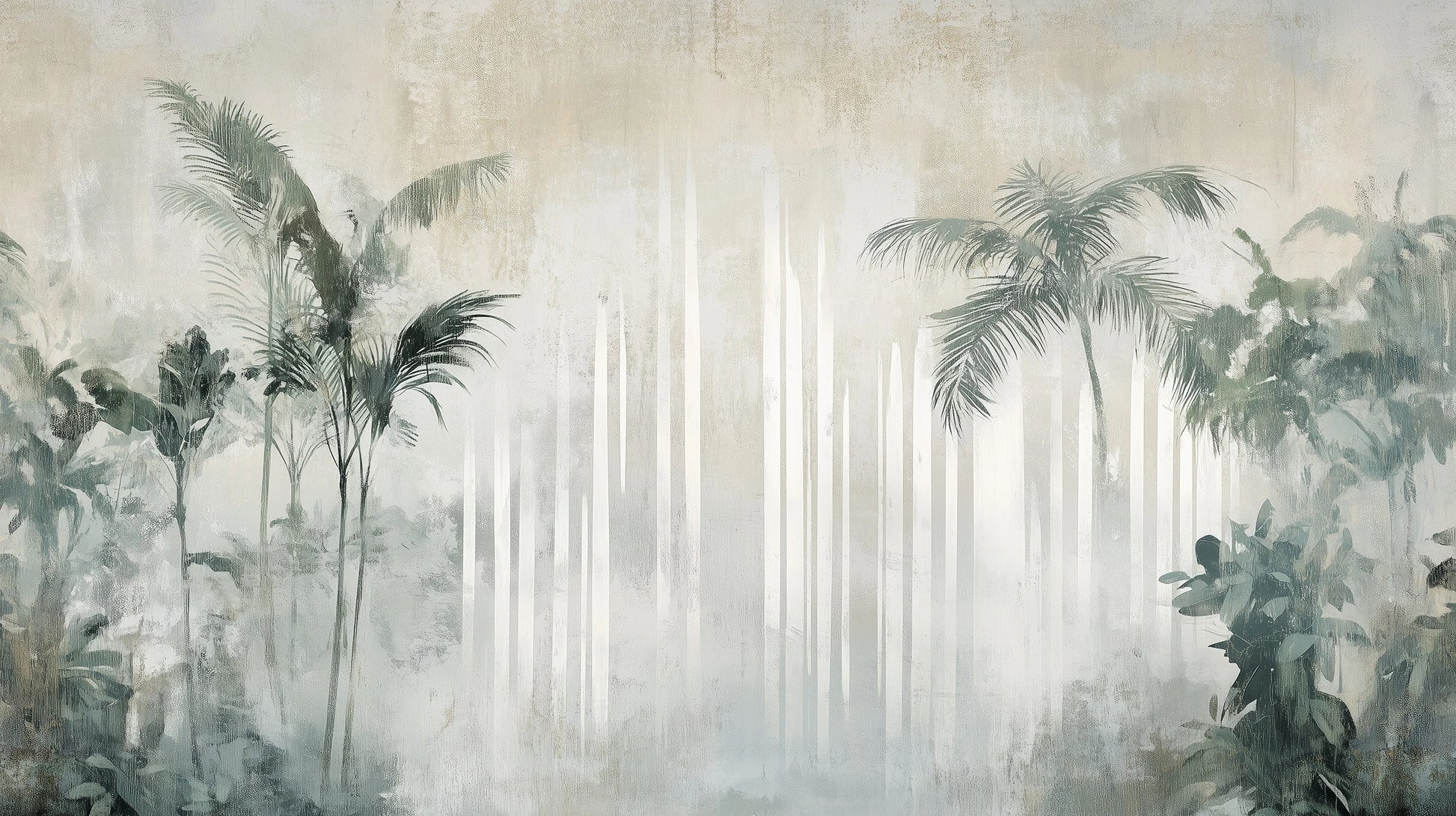 Prezentacja całego wzoru fototapety o nazwie CRYSTAL PALMS - tapeta z mglistą dżunglą w delikatnych szarościach