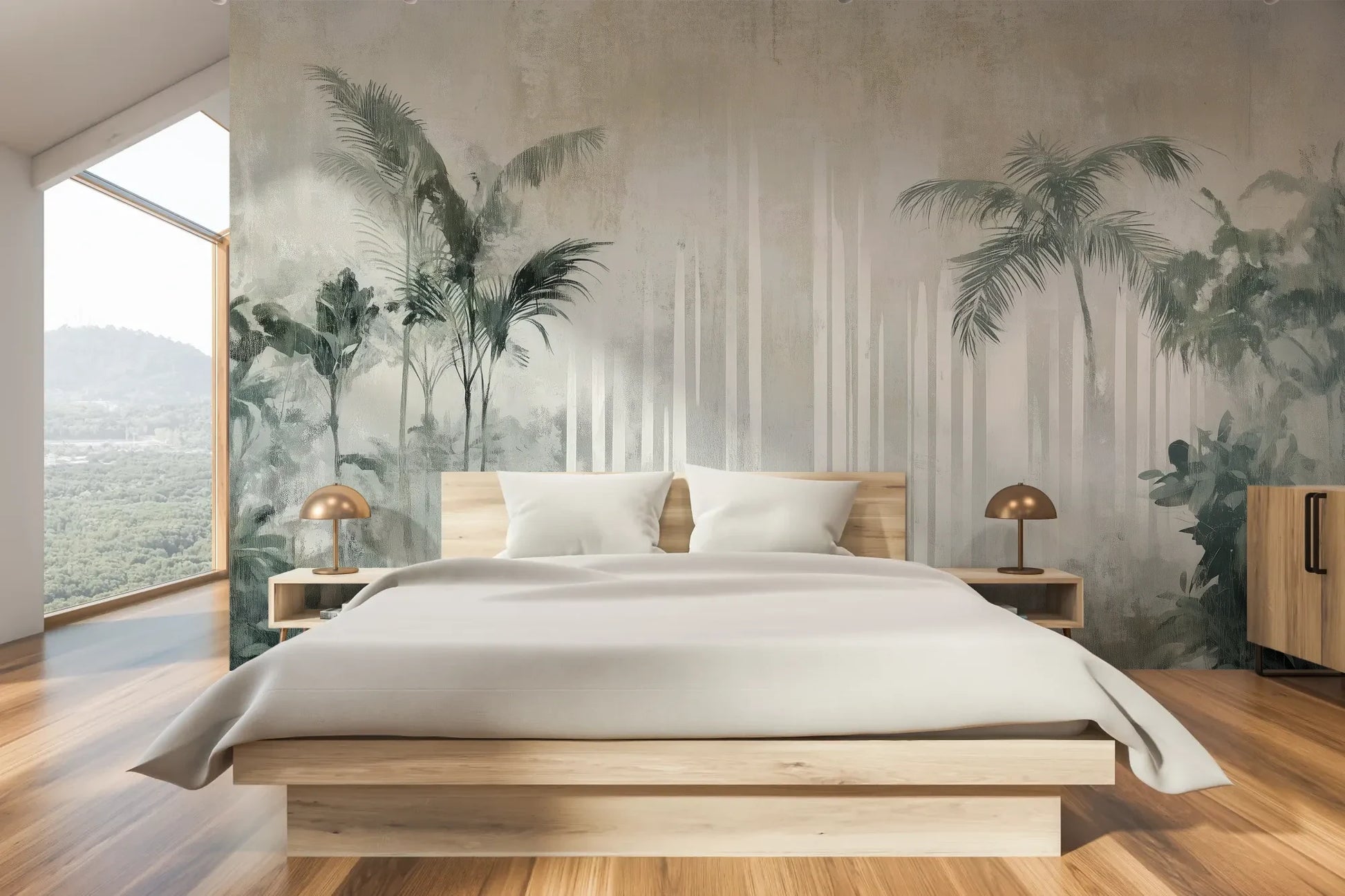 Wzór fototapety CRYSTAL PALMS - tapeta z mglistą dżunglą w delikatnych szarościach pokazanej w aranżacji sypialni.