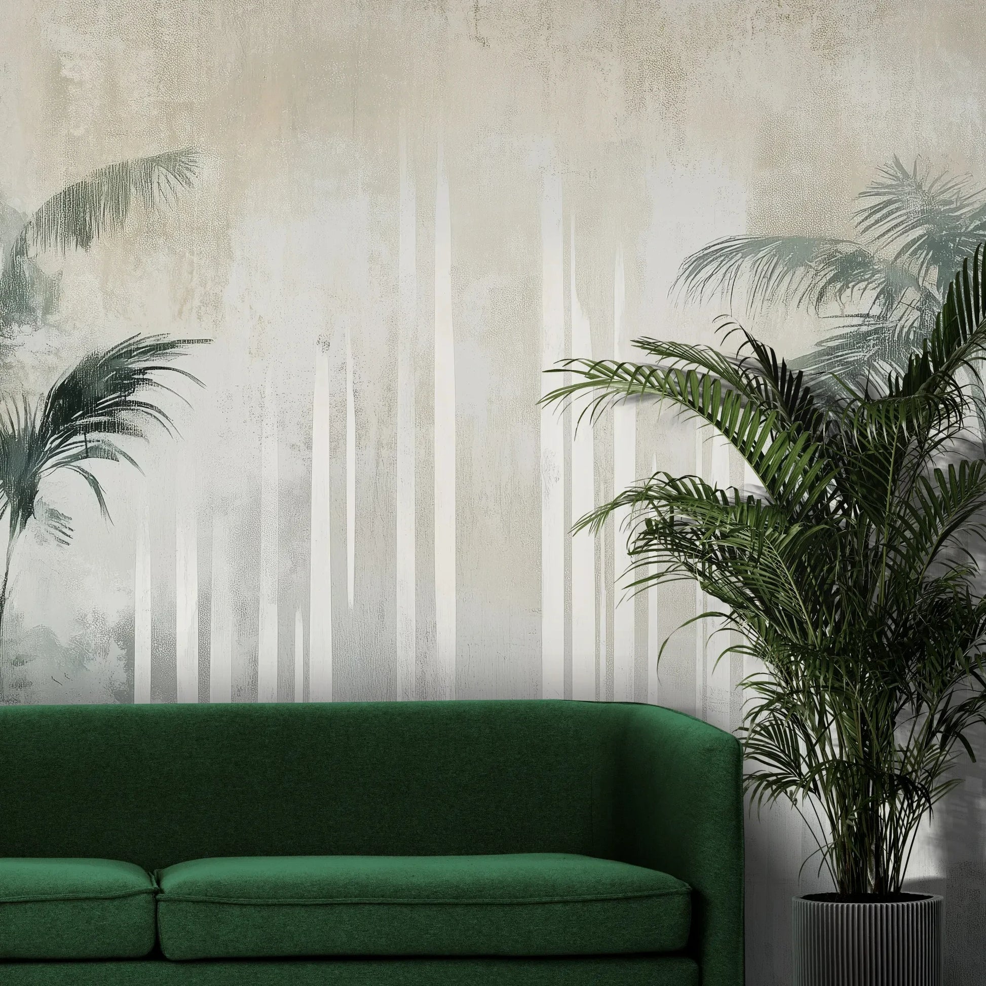 Fototapeta CRYSTAL PALMS - tapeta z mglistą dżunglą w delikatnych szarościach pokazana w aranżacji wnętrza z akcentem na ścianie.