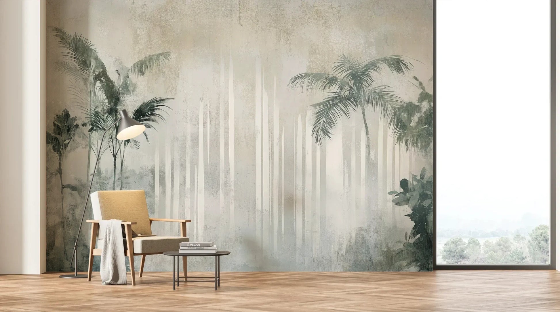 Wzór fototapety CRYSTAL PALMS - tapeta z mglistą dżunglą w delikatnych szarościach pokazanej w aranżacji salonu.