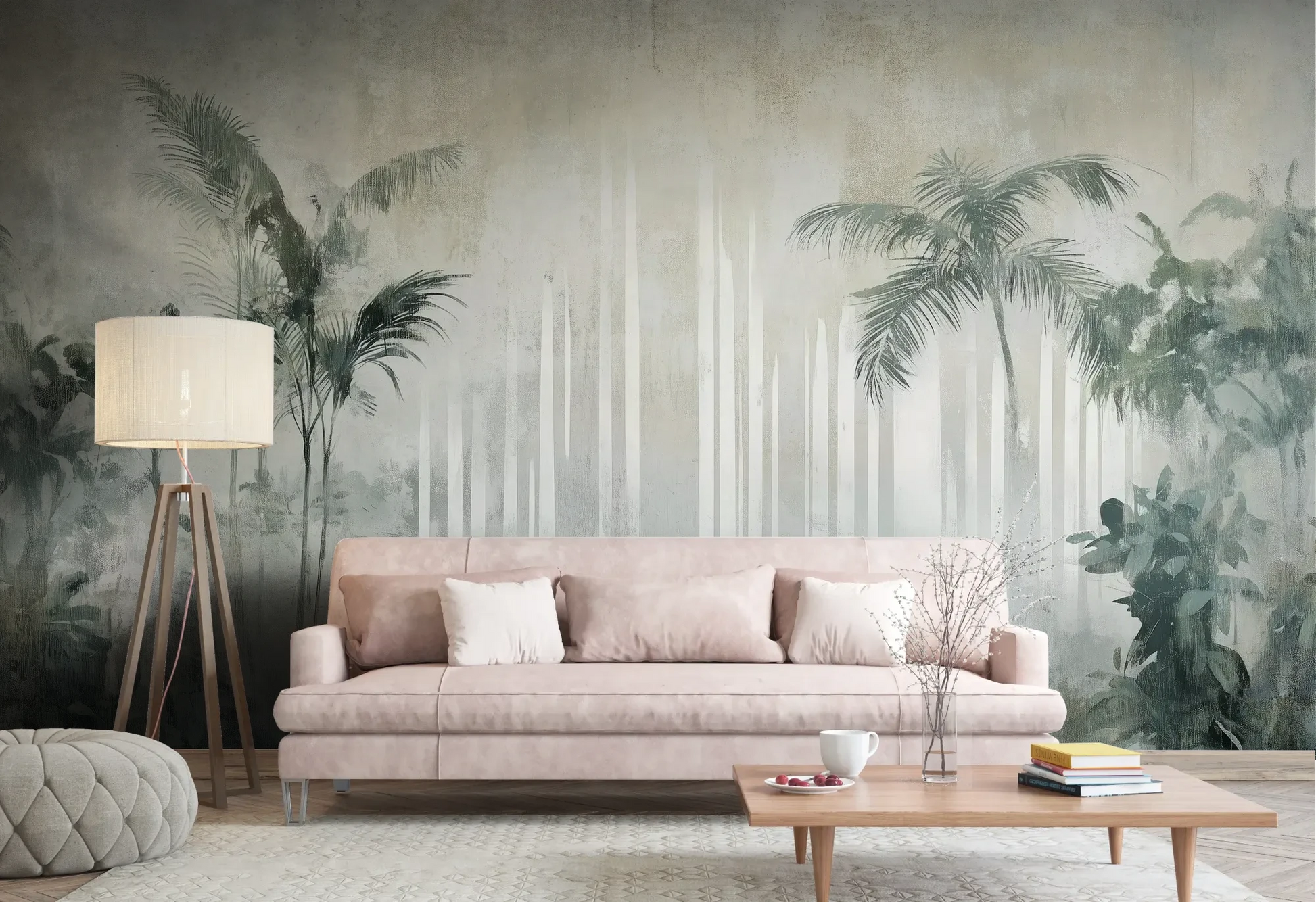 Wzór fototapety CRYSTAL PALMS - tapeta z mglistą dżunglą w delikatnych szarościach pokazanej w aranżacji salonu.