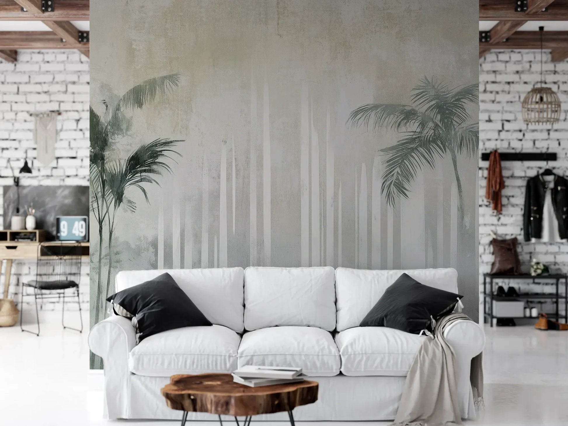 Wzór fototapety CRYSTAL PALMS - tapeta z mglistą dżunglą w delikatnych szarościach pokazanej w aranżacji salonu.