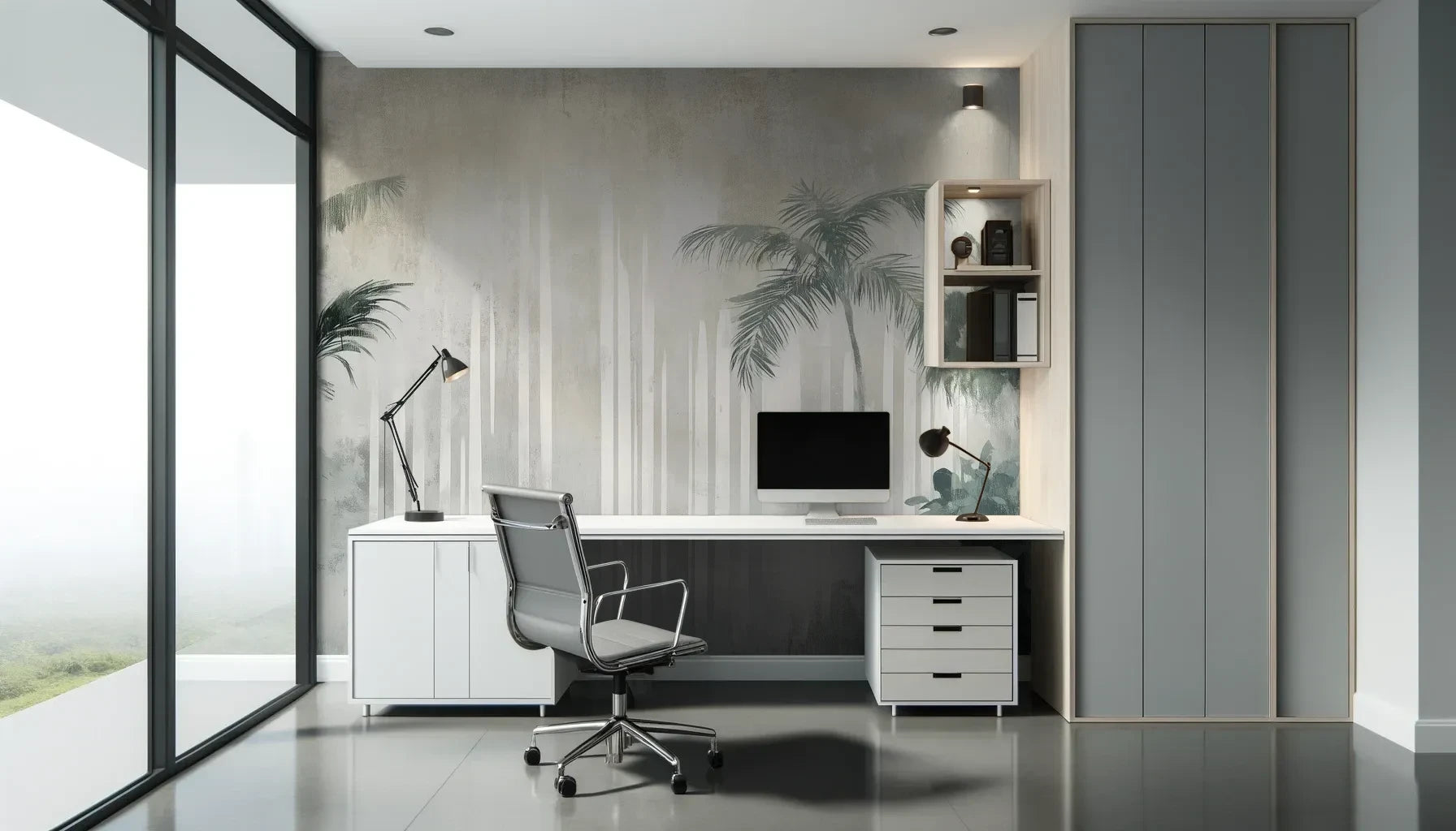 Fototapeta CRYSTAL PALMS - tapeta z mglistą dżunglą w delikatnych szarościach pokazana w aranżacji biura.