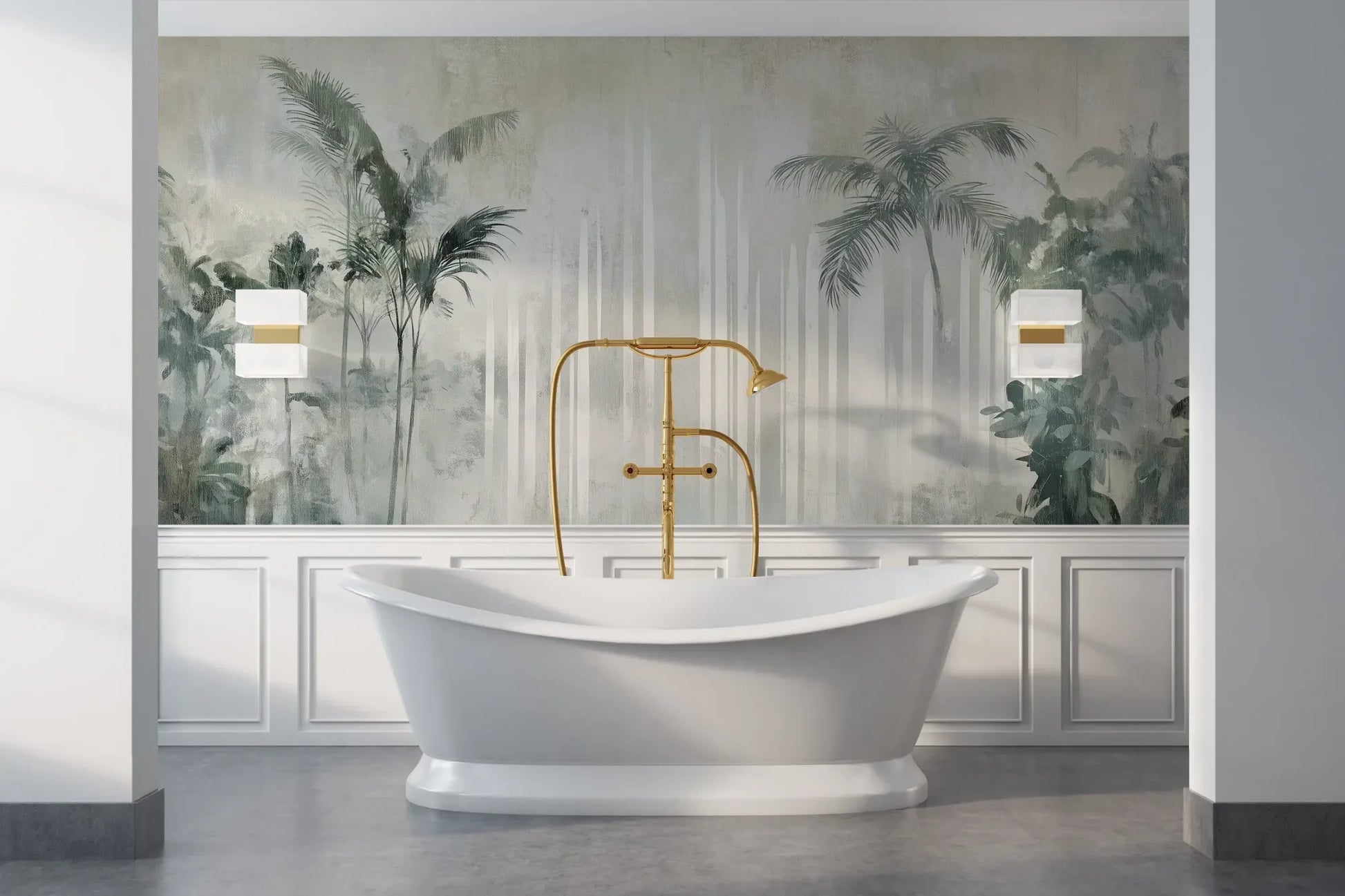 Wzór fototapety CRYSTAL PALMS - tapeta z mglistą dżunglą w delikatnych szarościach pokazanej w aranżacji łazienki.