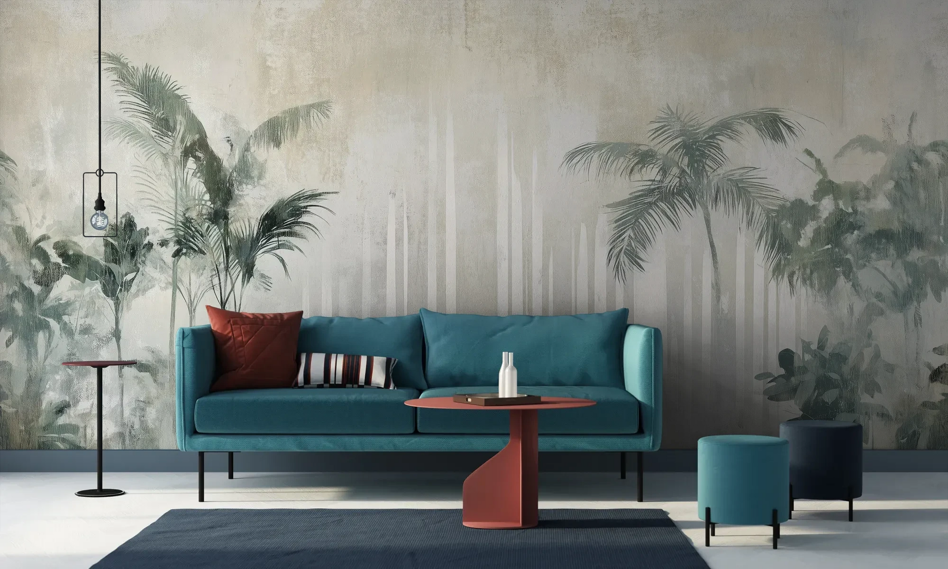Wzór fototapety CRYSTAL PALMS - tapeta z mglistą dżunglą w delikatnych szarościach pokazanej w aranżacji salonu.