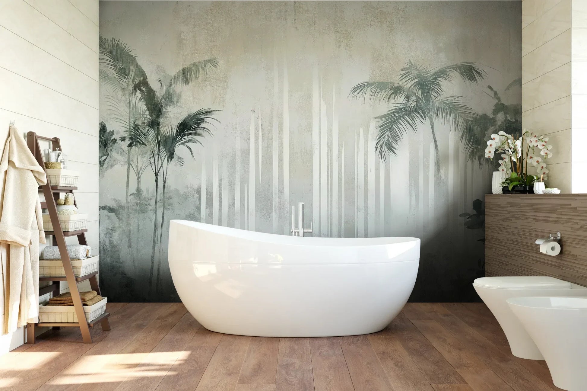 Wzór fototapety CRYSTAL PALMS - tapeta z mglistą dżunglą w delikatnych szarościach pokazanej w aranżacji łazienki.
