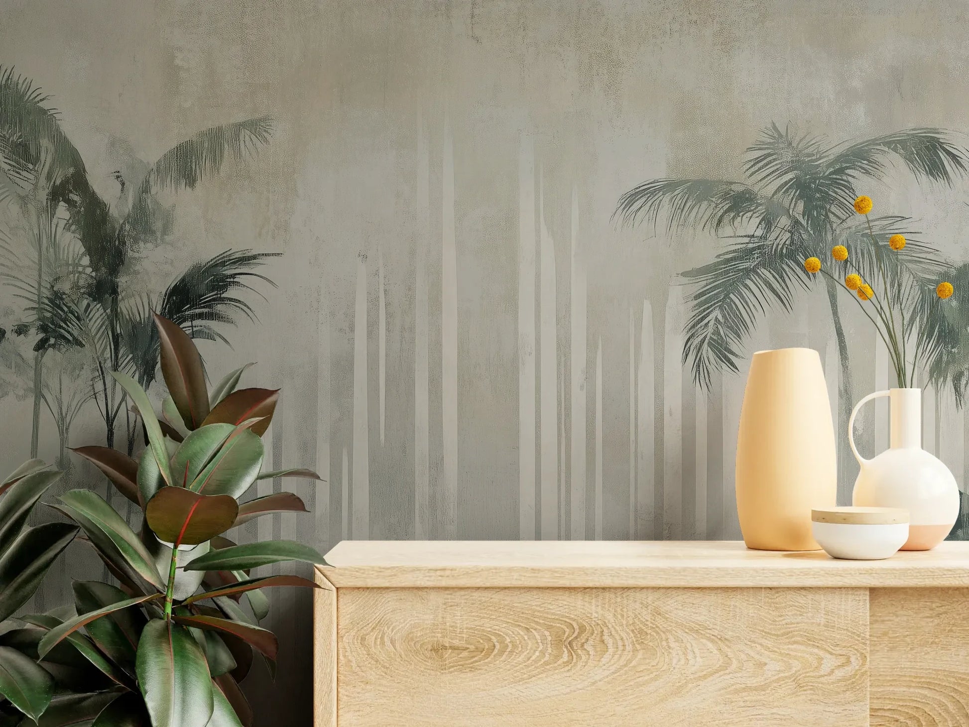 Fototapeta CRYSTAL PALMS - tapeta z mglistą dżunglą w delikatnych szarościach pokazana w aranżacji wnętrza z akcentem na ścianie.