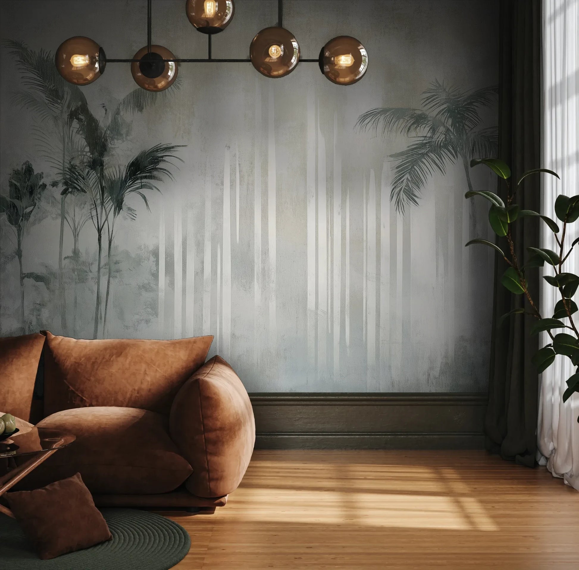 Fototapeta CRYSTAL PALMS - tapeta z mglistą dżunglą w delikatnych szarościach pokazana w aranżacji wnętrza z akcentem na ścianie.