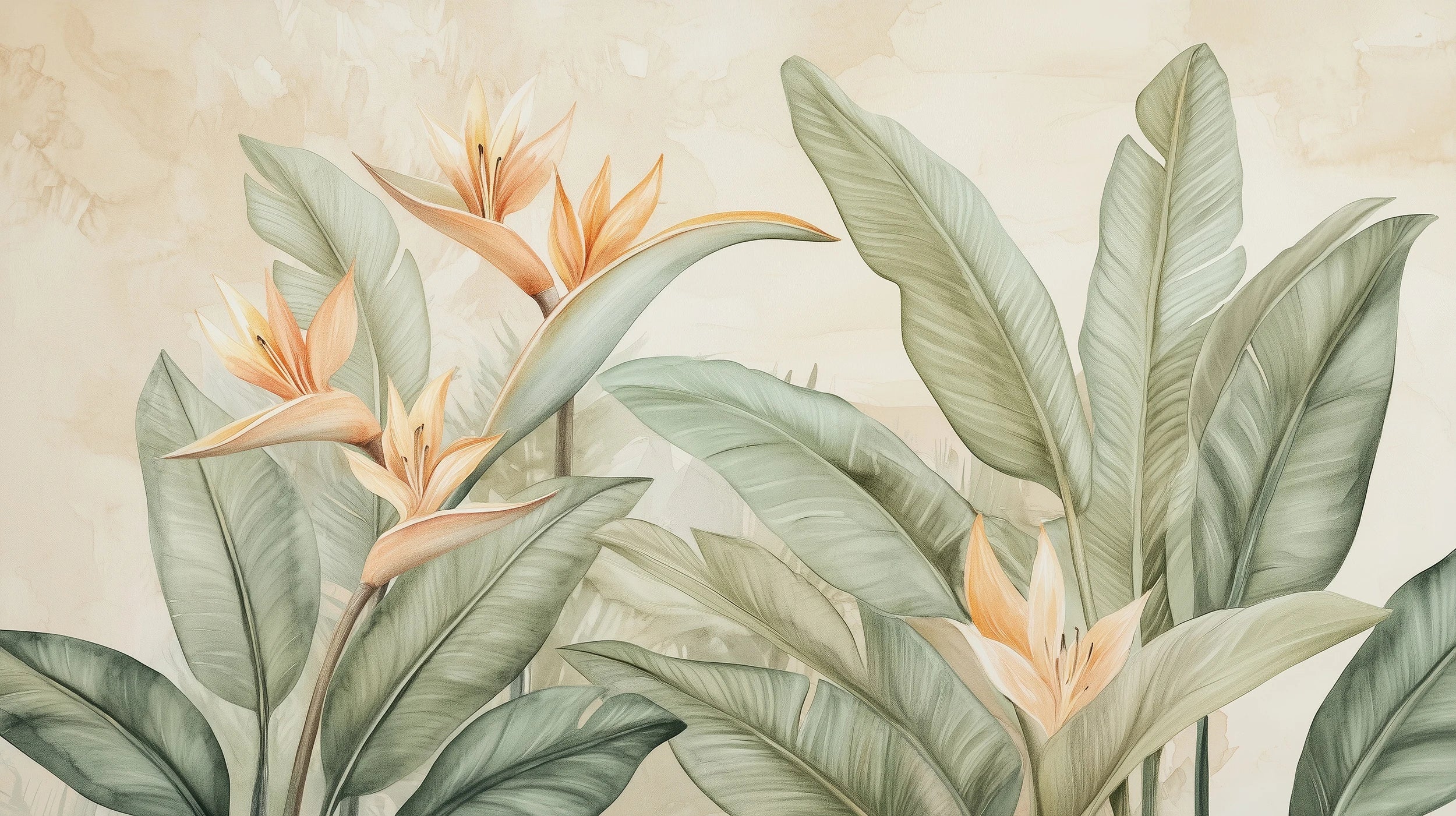 Pattern preview: Prezentacja całego wzoru fototapety o nazwie HELICONIA DANCE - tapeta z tropikalnymi kwiatami strelicji w pastelowych odcieniach
