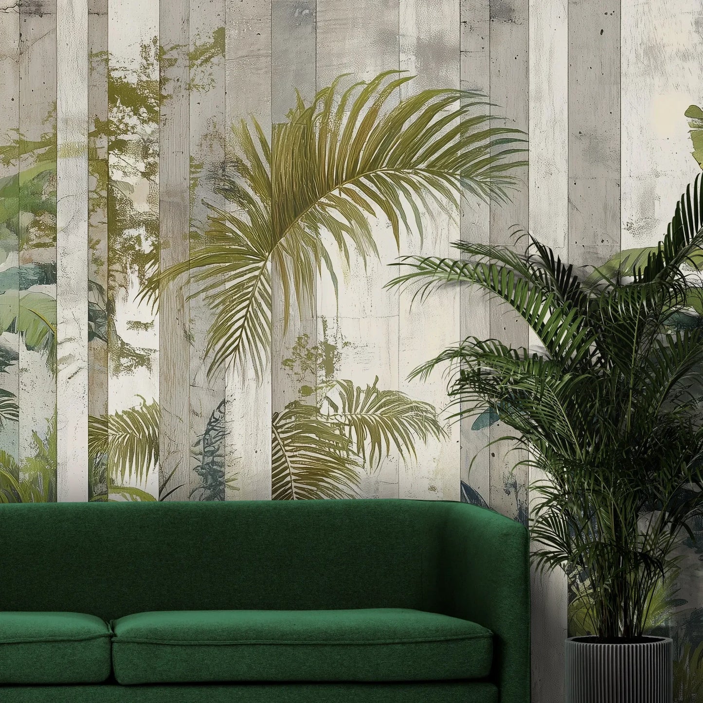Fototapeta VERTICAL PARADISE - tapeta z tropikalną dżunglą na tle jasnych pasów pokazana w aranżacji wnętrza z akcentem na ścianie.
