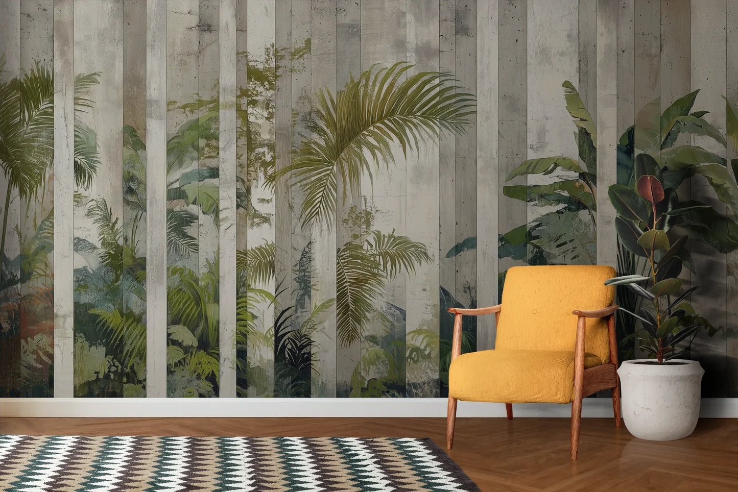 Wzór fototapety VERTICAL PARADISE - tapeta z tropikalną dżunglą na tle jasnych pasów pokazanej w aranżacji salonu.