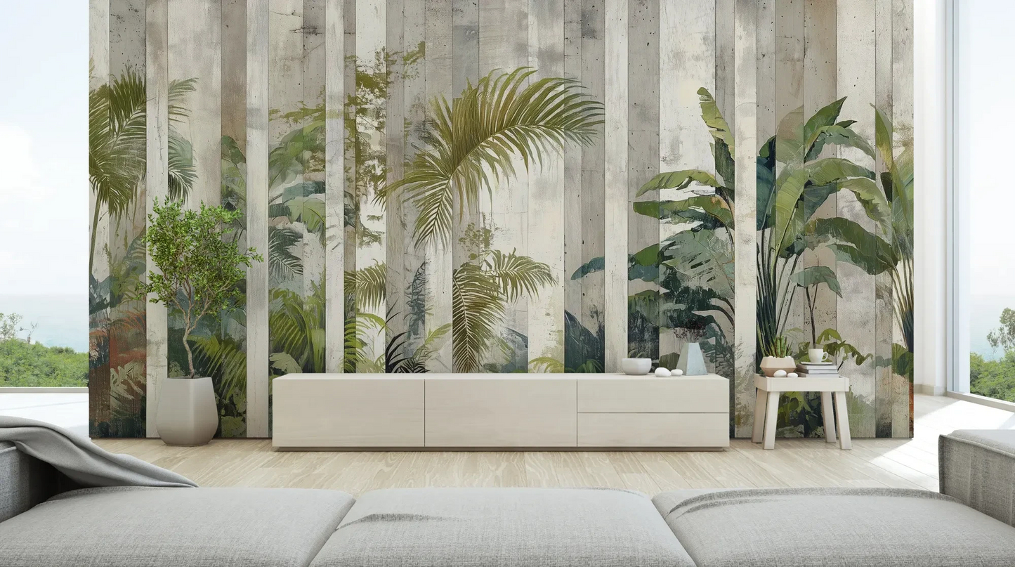Wzór fototapety VERTICAL PARADISE - tapeta z tropikalną dżunglą na tle jasnych pasów pokazanej w aranżacji salonu.