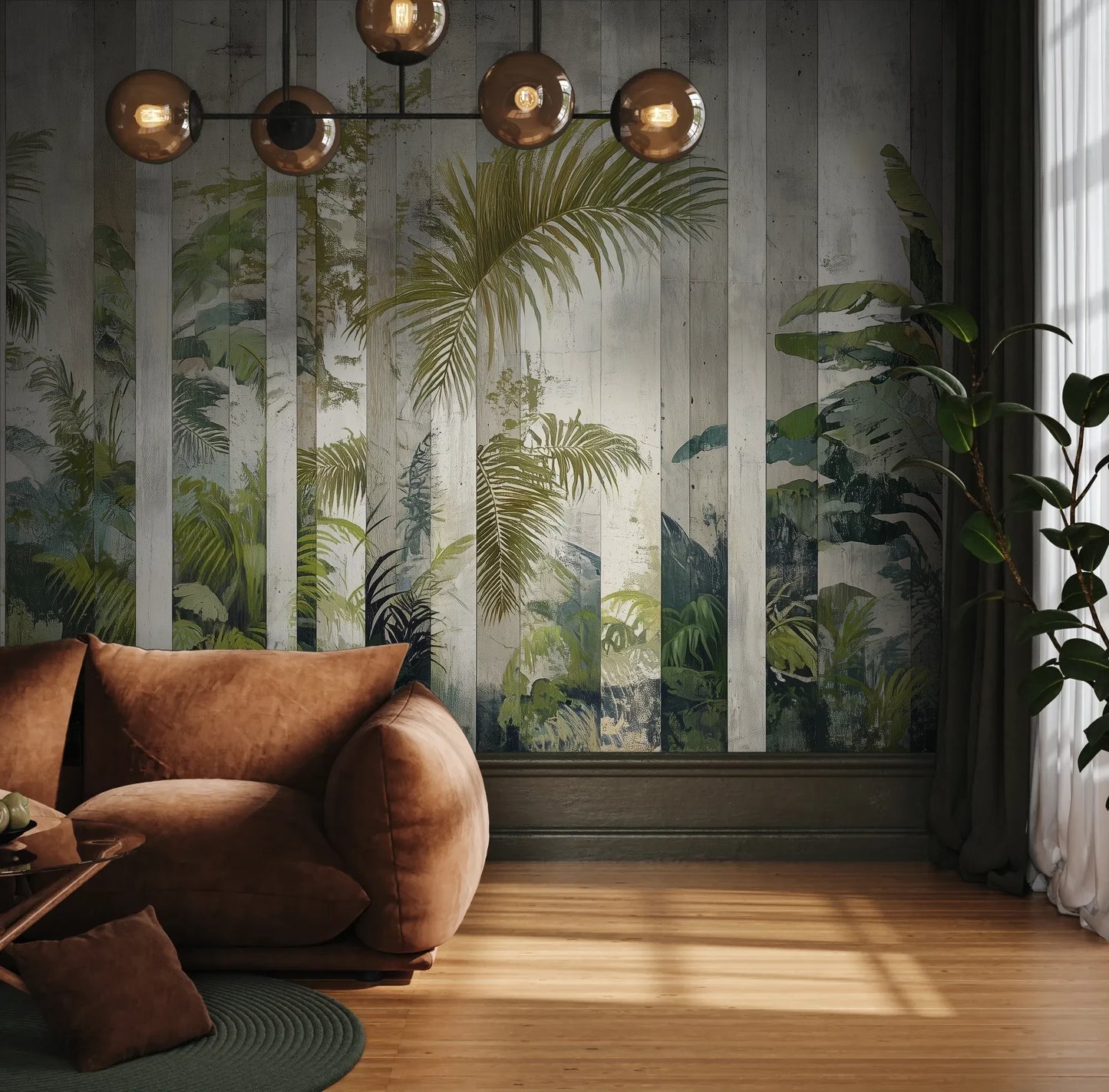 Fototapeta VERTICAL PARADISE - tapeta z tropikalną dżunglą na tle jasnych pasów pokazana w aranżacji wnętrza z akcentem na ścianie.