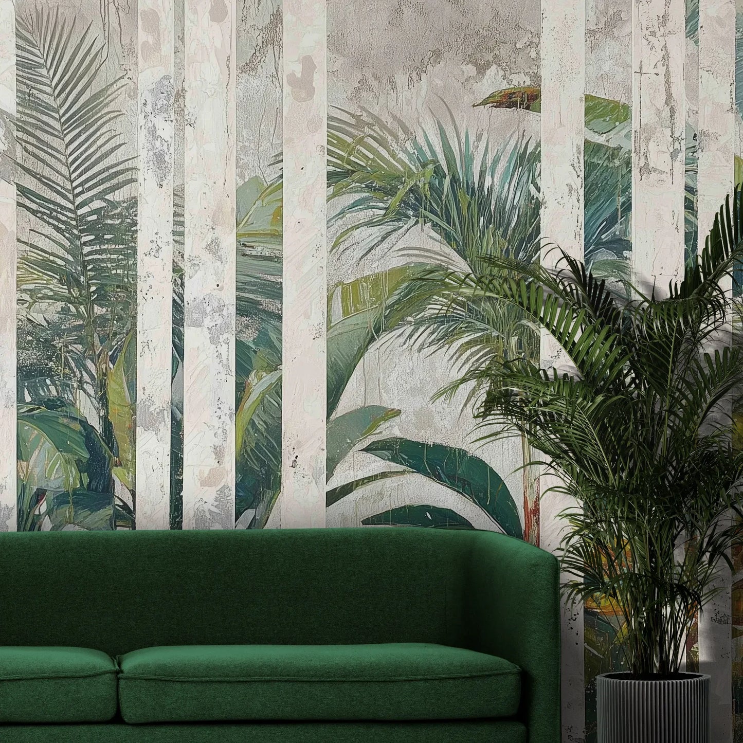 Fototapeta MARBLE TROPICS - tapeta z tropikalną dżunglą na marmurowym tle pokazana w aranżacji wnętrza z akcentem na ścianie.