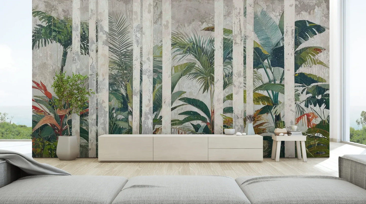 Wzór fototapety MARBLE TROPICS - tapeta z tropikalną dżunglą na marmurowym tle pokazanej w aranżacji salonu.
