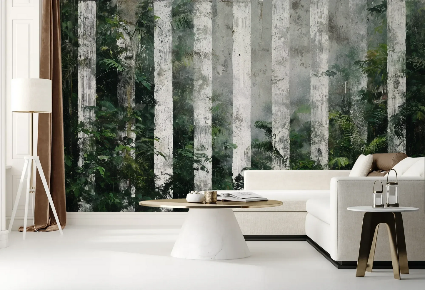 Wzór fototapety BIRCH SHADOWS - tapeta z motywem leśnych brzóz we mgle pokazanej w aranżacji salonu.