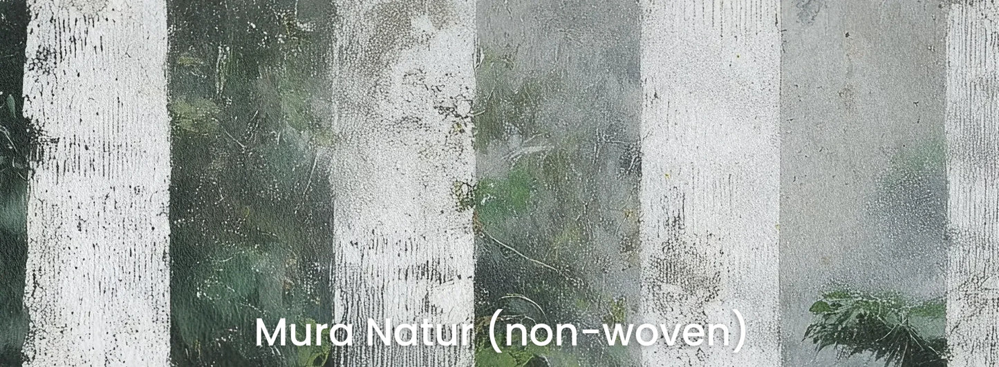 Zbliżenie na fototapetę BIRCH SHADOWS - tapeta z motywem leśnych brzóz we mgle na naturalnym podłożu ekologicznym.