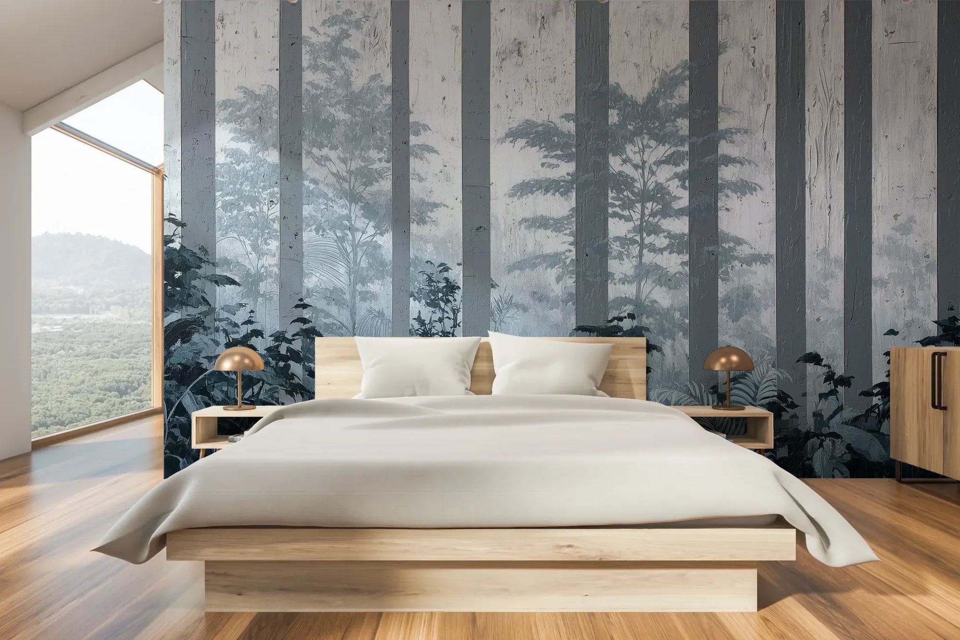 Wzór fototapety MISTY FOREST SENTINELS - tapeta z mglistym lasem tropikalnym pokazanej w aranżacji sypialni.