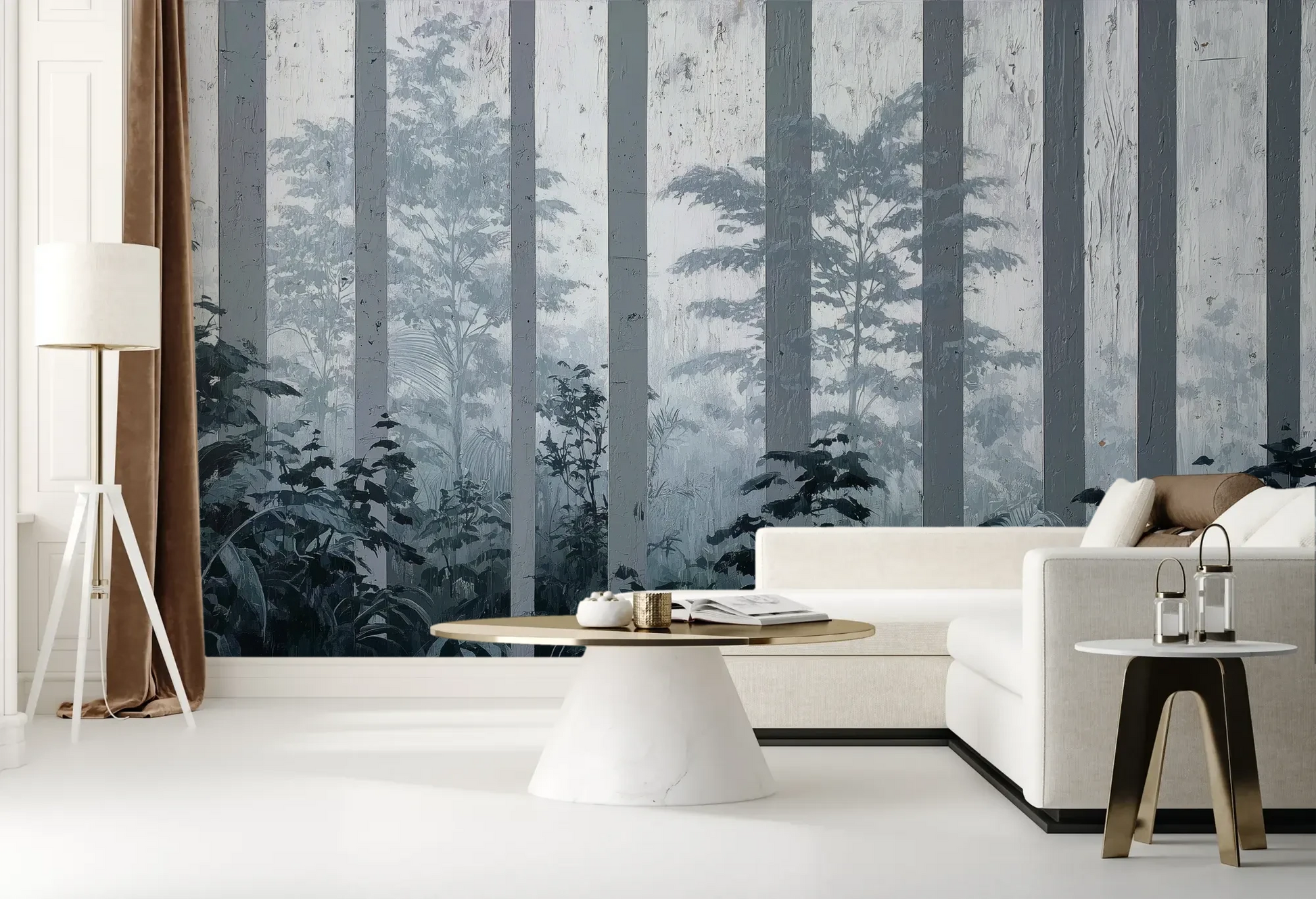 Wzór fototapety MISTY FOREST SENTINELS - tapeta z mglistym lasem tropikalnym pokazanej w aranżacji salonu.
