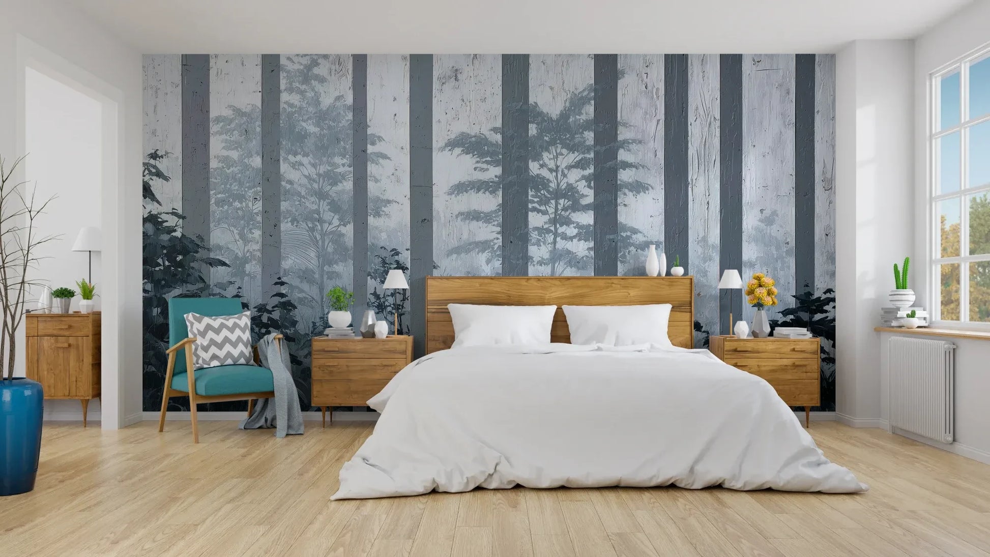 Wzór fototapety MISTY FOREST SENTINELS - tapeta z mglistym lasem tropikalnym pokazanej w aranżacji sypialni.