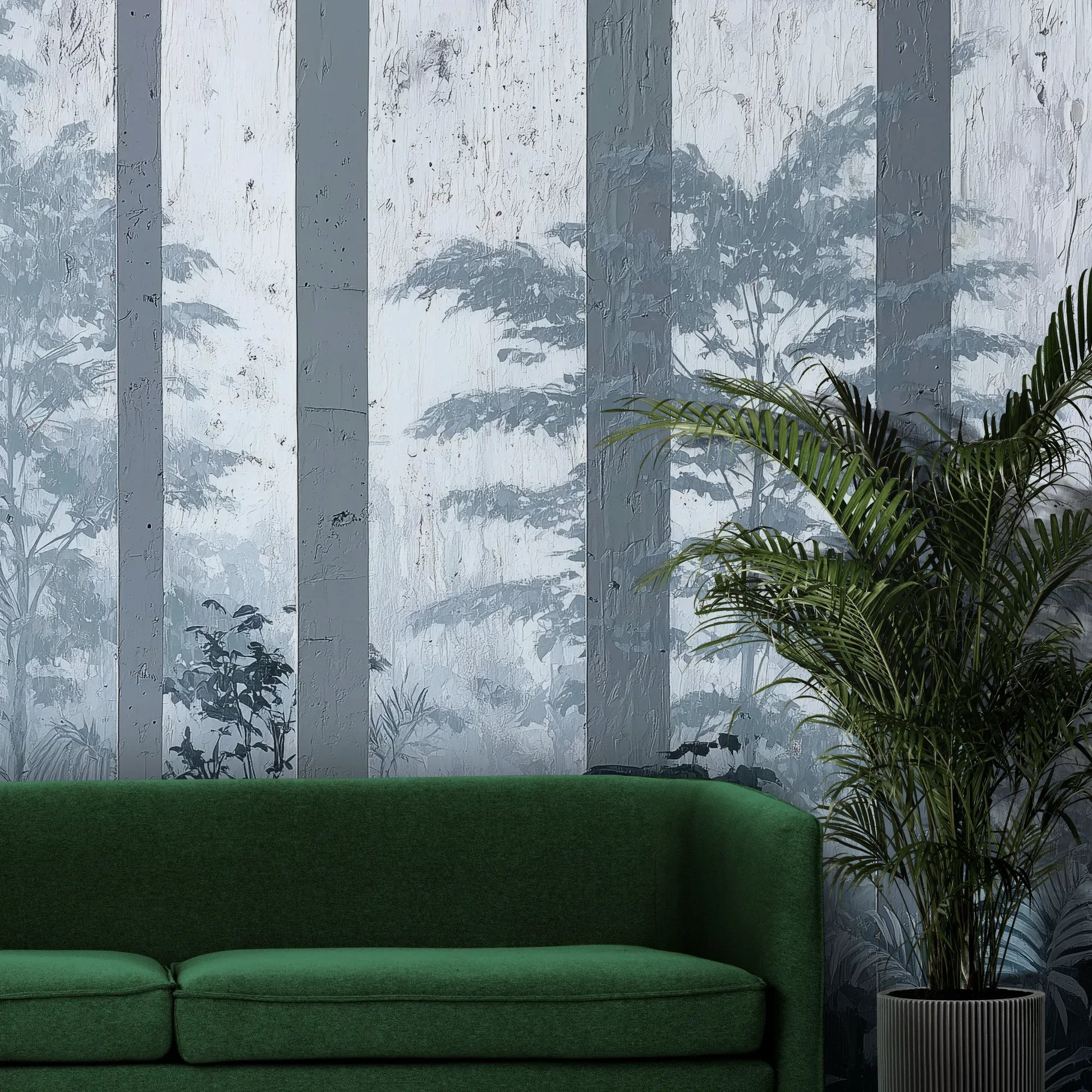 Fototapeta MISTY FOREST SENTINELS - tapeta z mglistym lasem tropikalnym pokazana w aranżacji wnętrza z akcentem na ścianie.