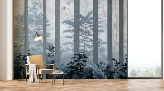 Wzór fototapety MISTY FOREST SENTINELS - tapeta z mglistym lasem tropikalnym pokazanej w aranżacji salonu.