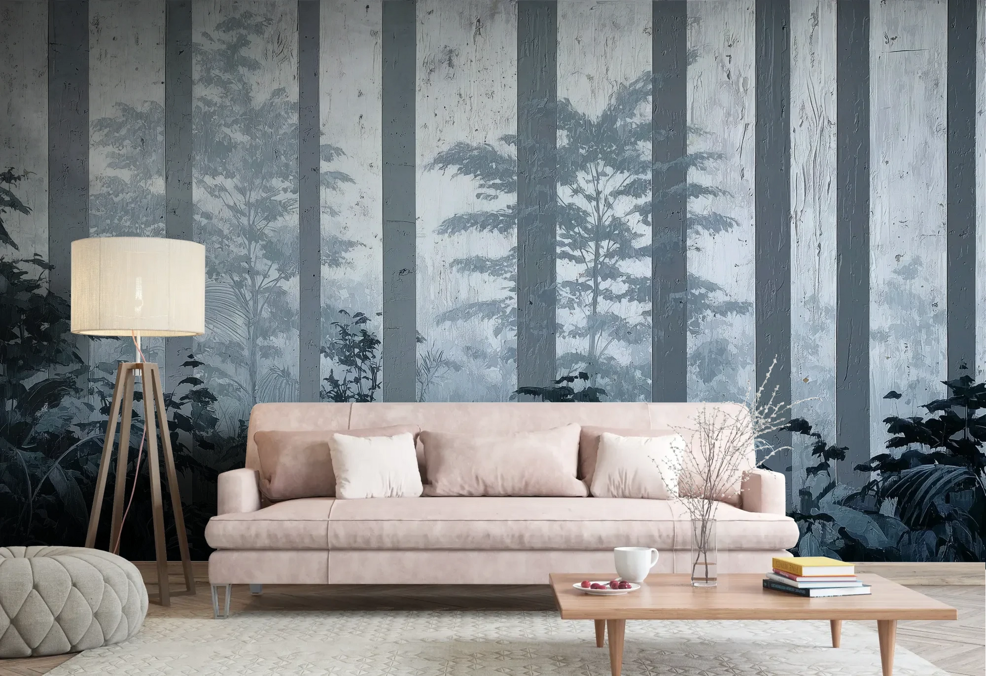 Wzór fototapety MISTY FOREST SENTINELS - tapeta z mglistym lasem tropikalnym pokazanej w aranżacji salonu.