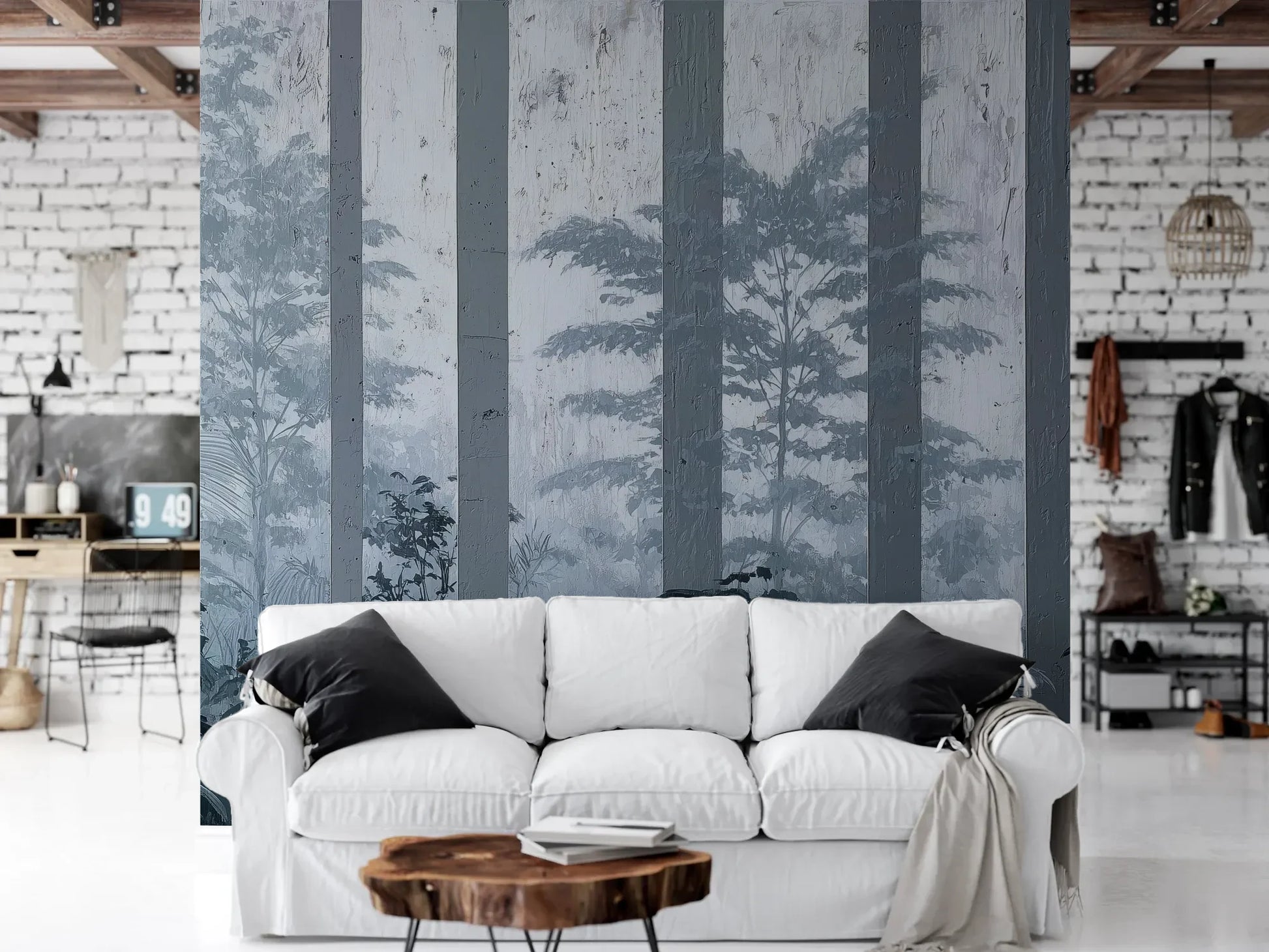 Wzór fototapety MISTY FOREST SENTINELS - tapeta z mglistym lasem tropikalnym pokazanej w aranżacji salonu.