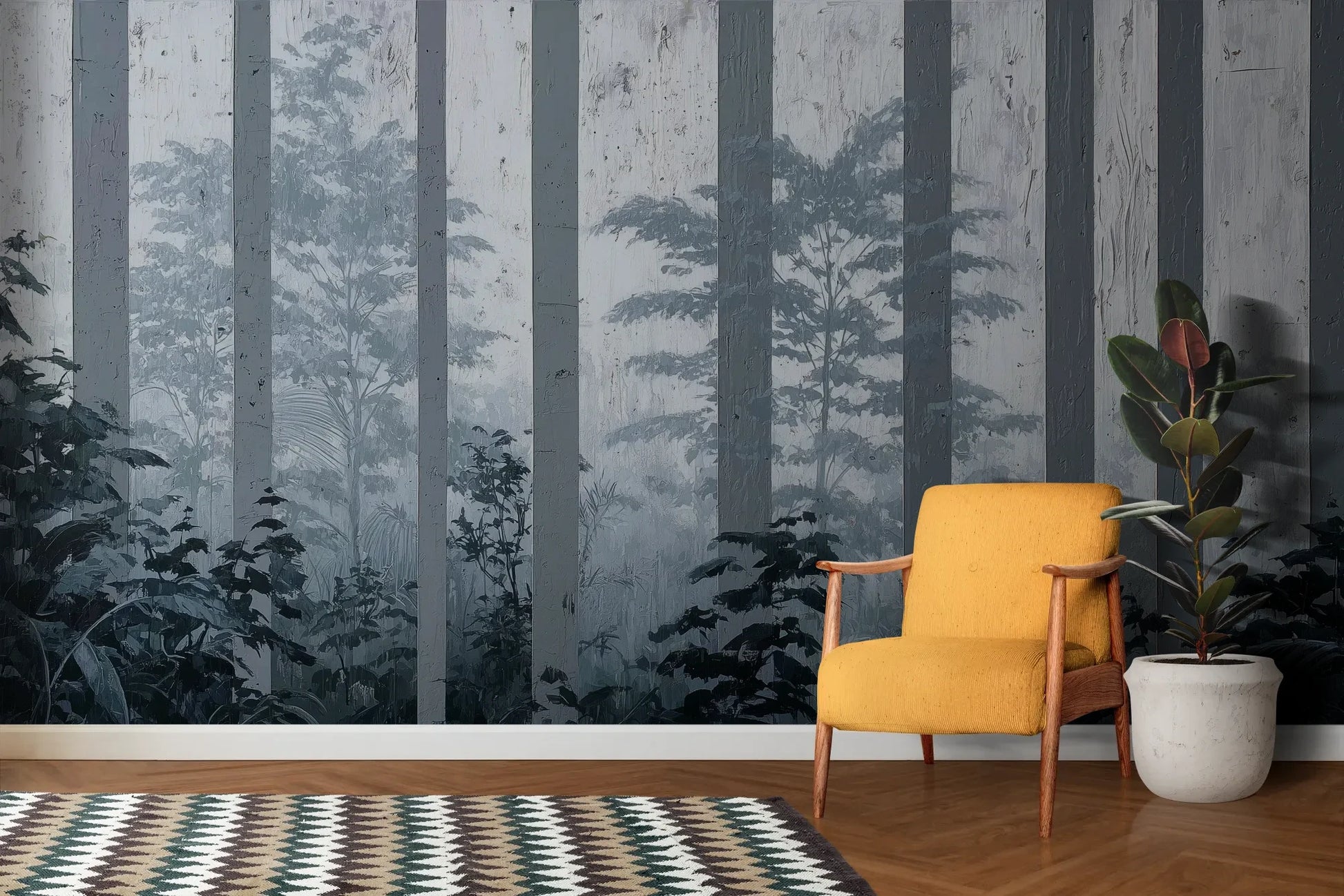 Wzór fototapety MISTY FOREST SENTINELS - tapeta z mglistym lasem tropikalnym pokazanej w aranżacji salonu.