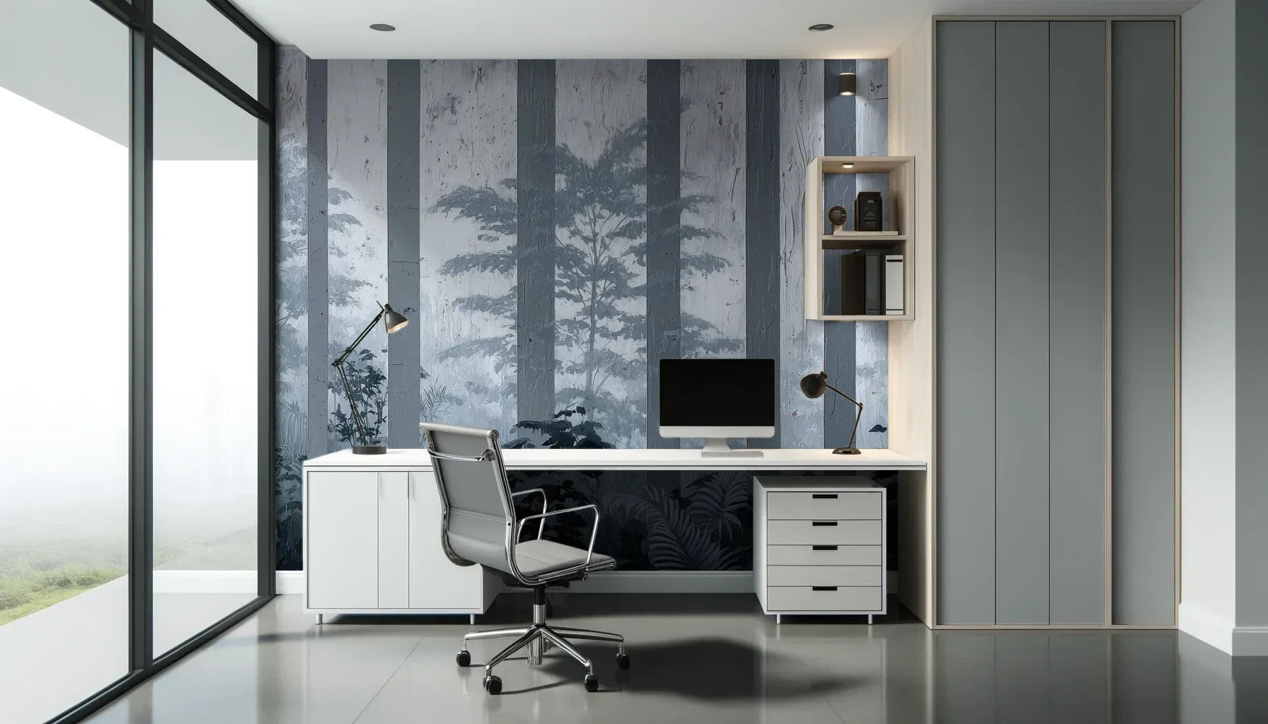 Fototapeta MISTY FOREST SENTINELS - tapeta z mglistym lasem tropikalnym pokazana w aranżacji biura.