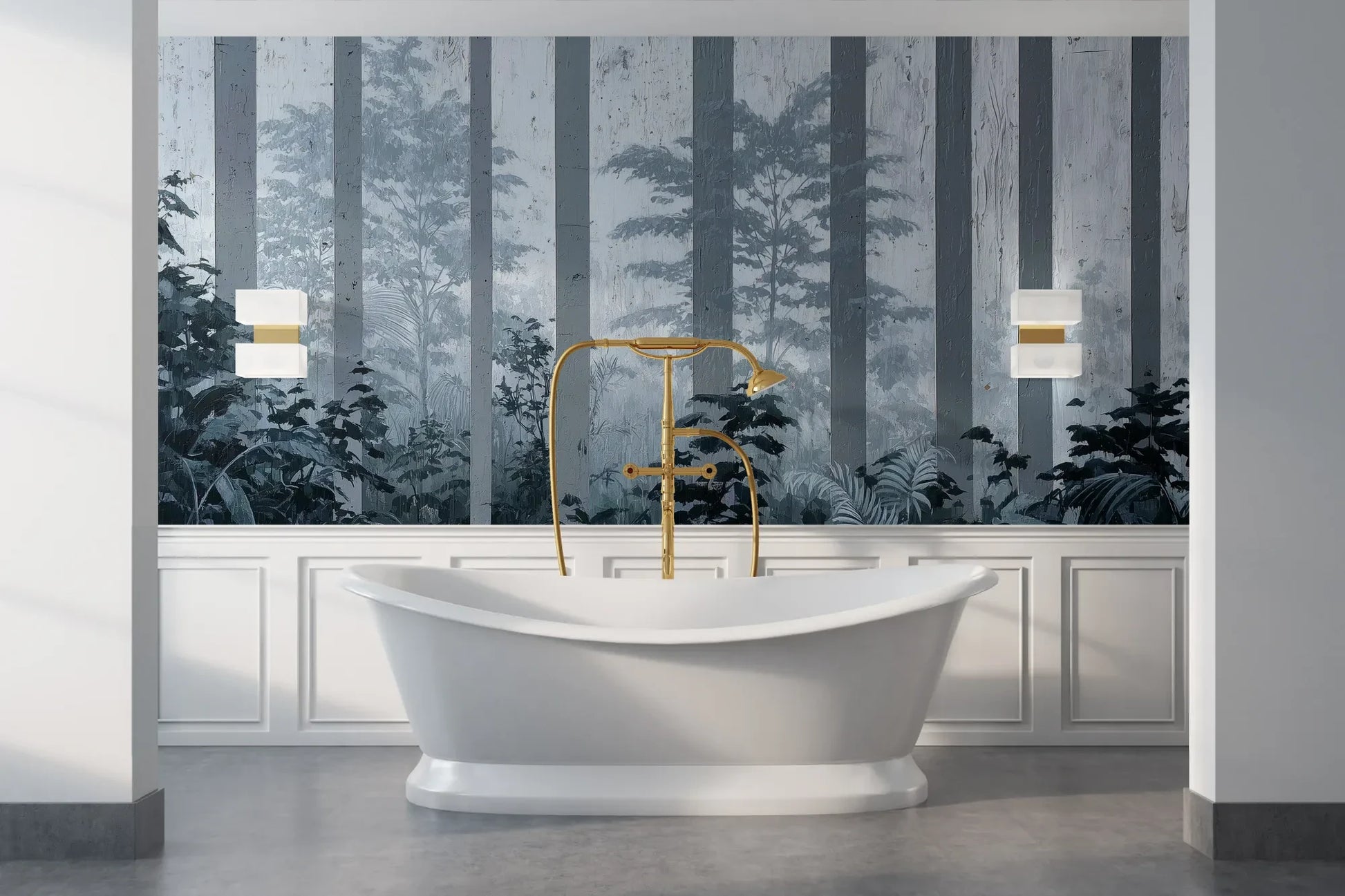 Wzór fototapety MISTY FOREST SENTINELS - tapeta z mglistym lasem tropikalnym pokazanej w aranżacji łazienki.