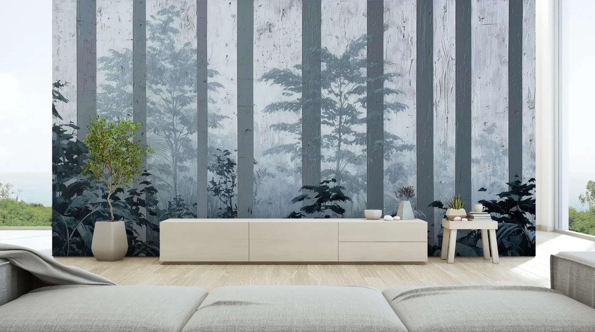 Wzór fototapety MISTY FOREST SENTINELS - tapeta z mglistym lasem tropikalnym pokazanej w aranżacji salonu.