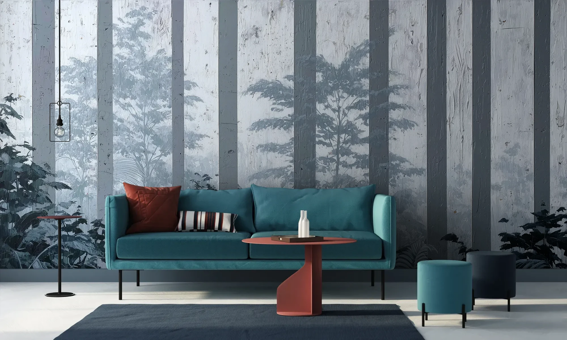 Wzór fototapety MISTY FOREST SENTINELS - tapeta z mglistym lasem tropikalnym pokazanej w aranżacji salonu.