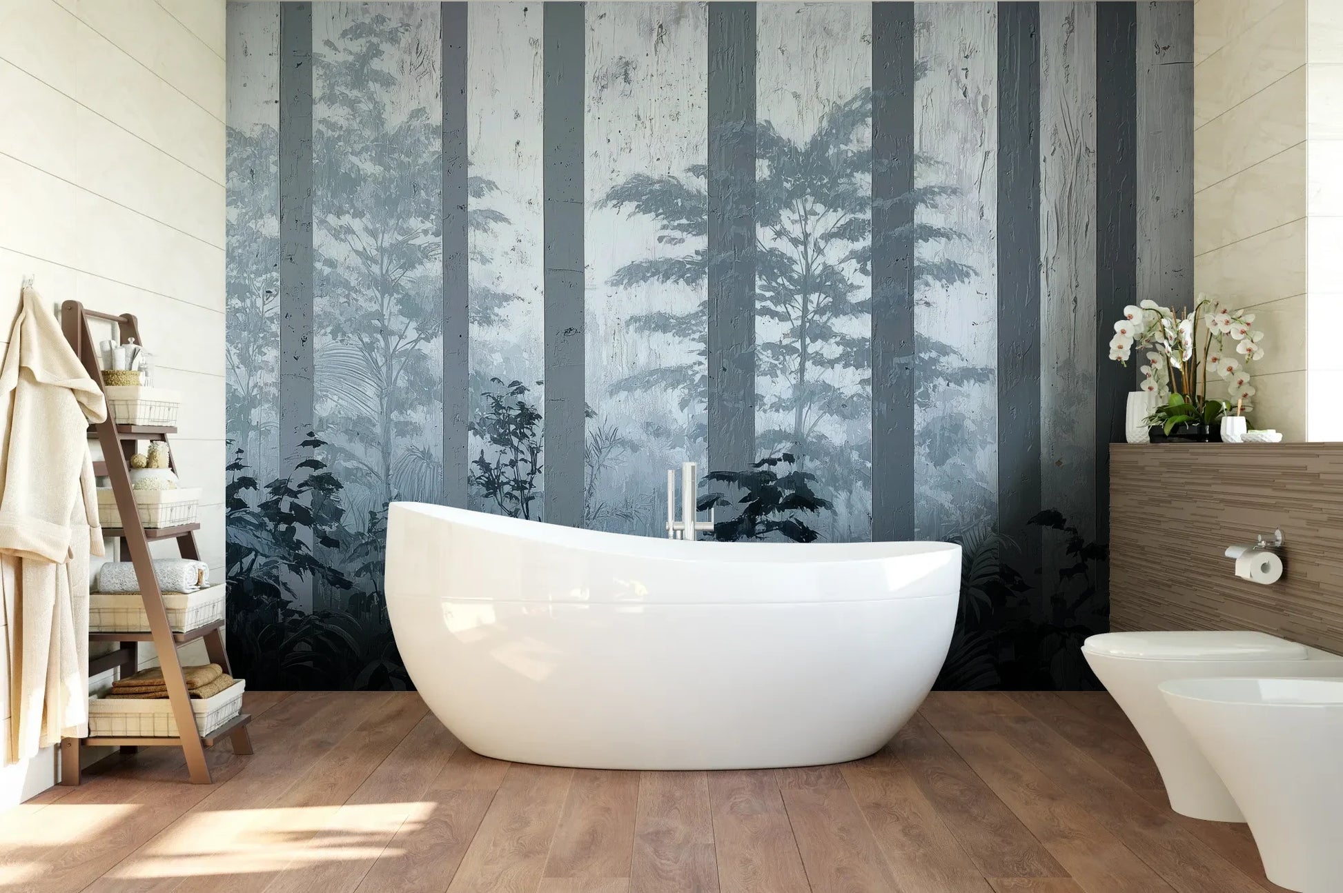 Wzór fototapety MISTY FOREST SENTINELS - tapeta z mglistym lasem tropikalnym pokazanej w aranżacji łazienki.