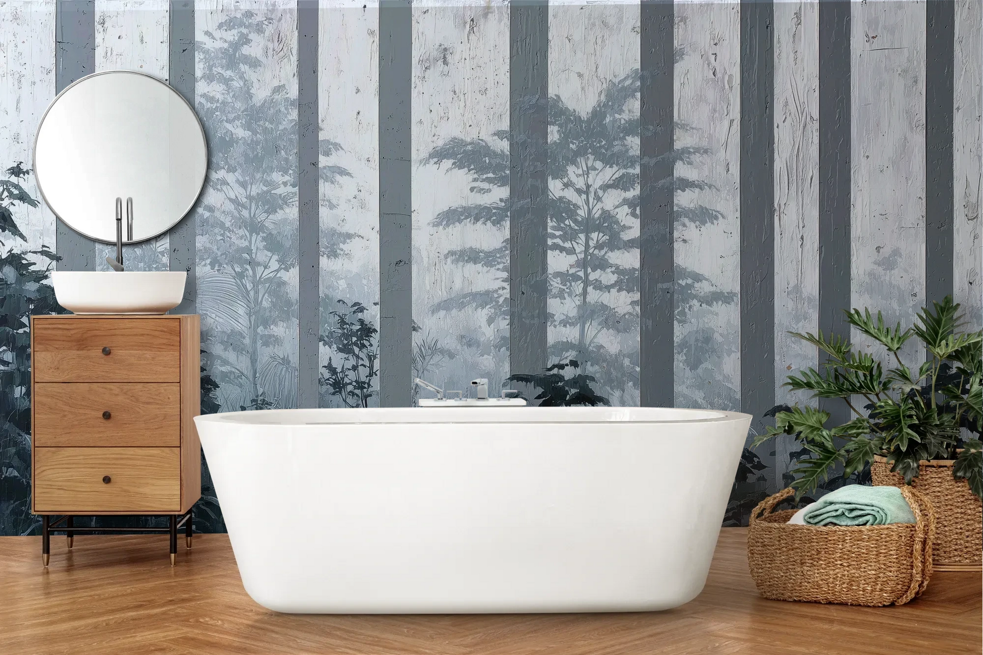 Wzór fototapety MISTY FOREST SENTINELS - tapeta z mglistym lasem tropikalnym pokazanej w aranżacji łazienki.