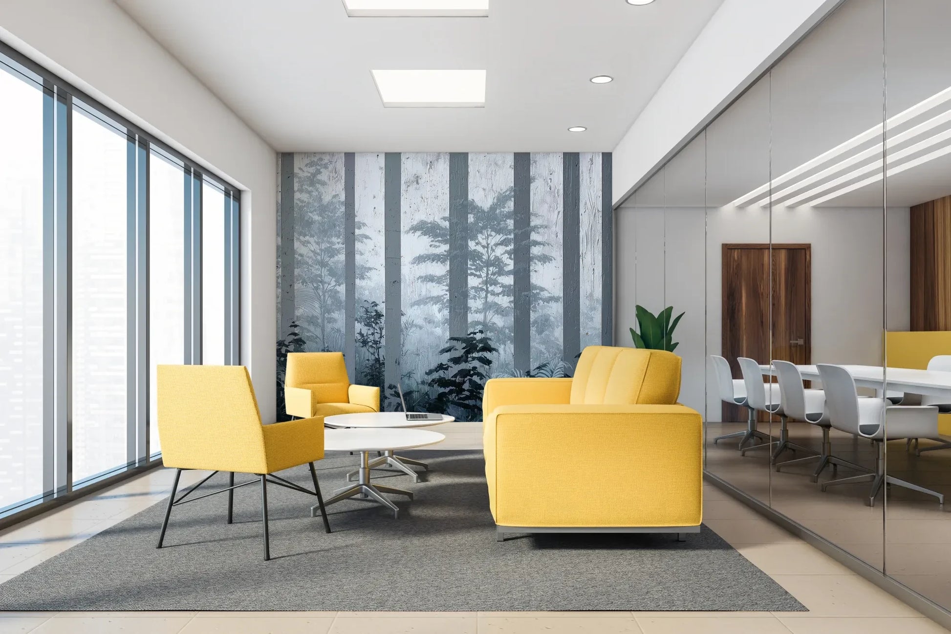 Fototapeta MISTY FOREST SENTINELS - tapeta z mglistym lasem tropikalnym w aranżacji wnętrza.