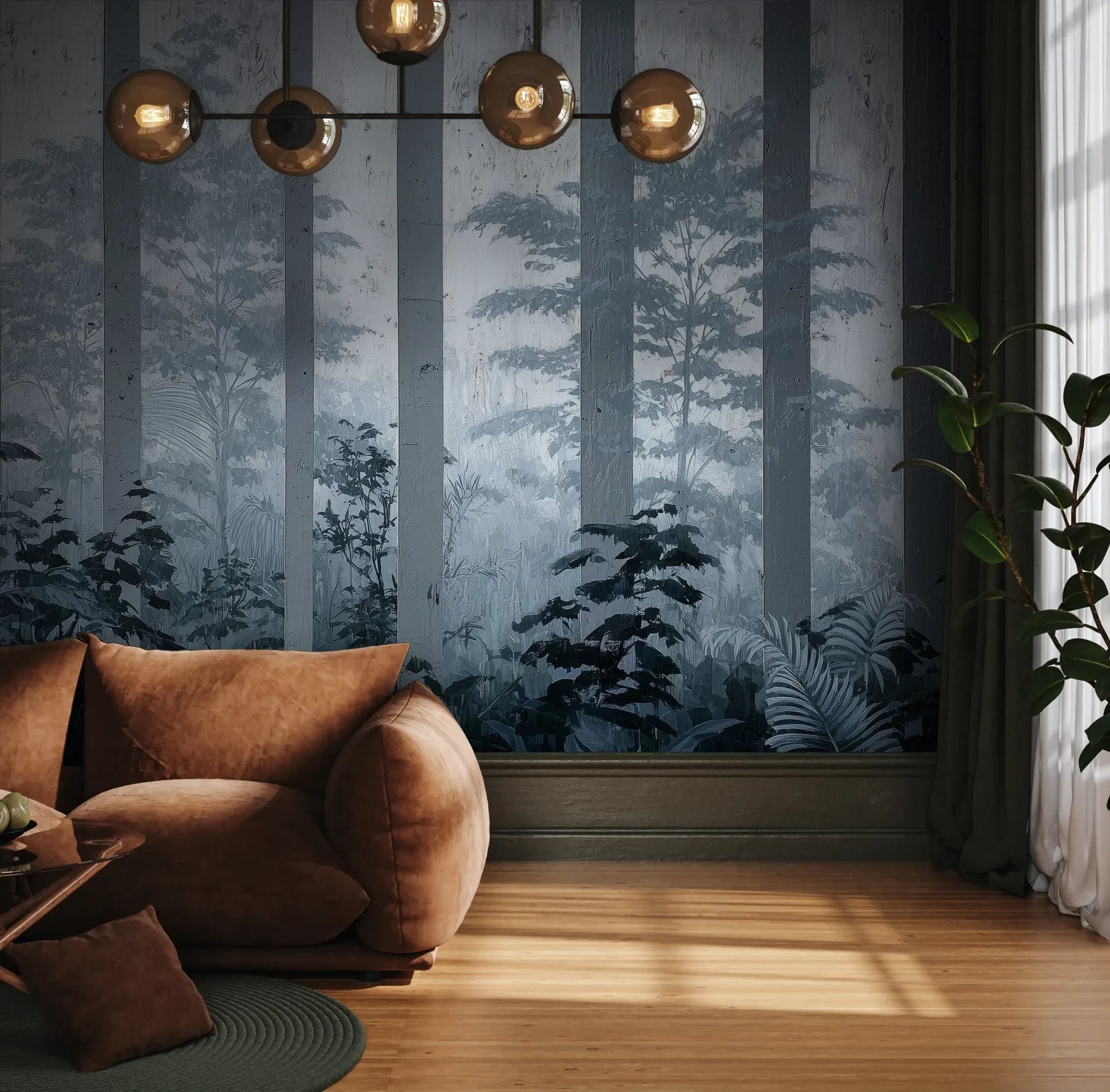 Fototapeta MISTY FOREST SENTINELS - tapeta z mglistym lasem tropikalnym pokazana w aranżacji wnętrza z akcentem na ścianie.