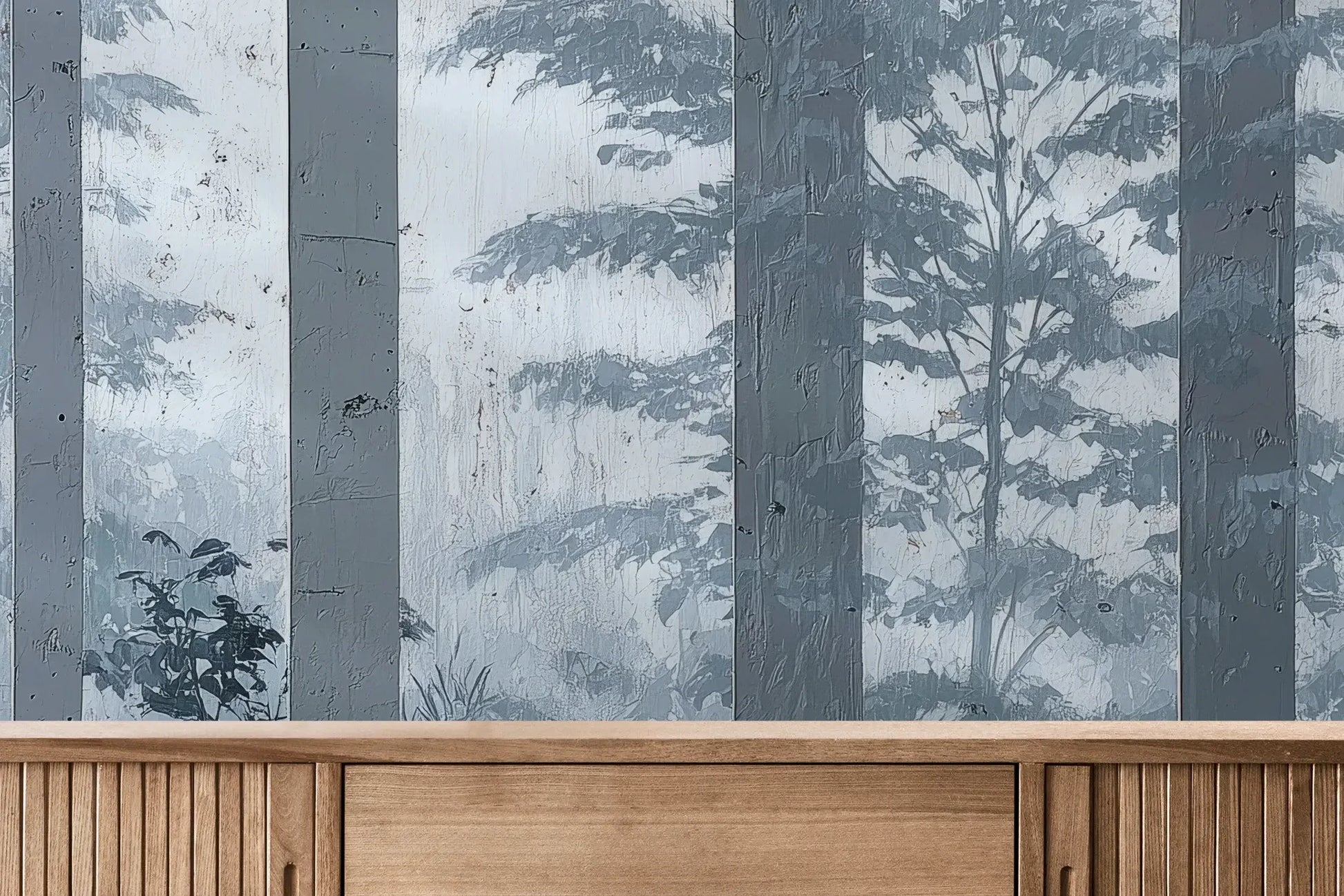 Fototapeta MISTY FOREST SENTINELS - tapeta z mglistym lasem tropikalnym pokazana w aranżacji wnętrza z akcentem na ścianie.