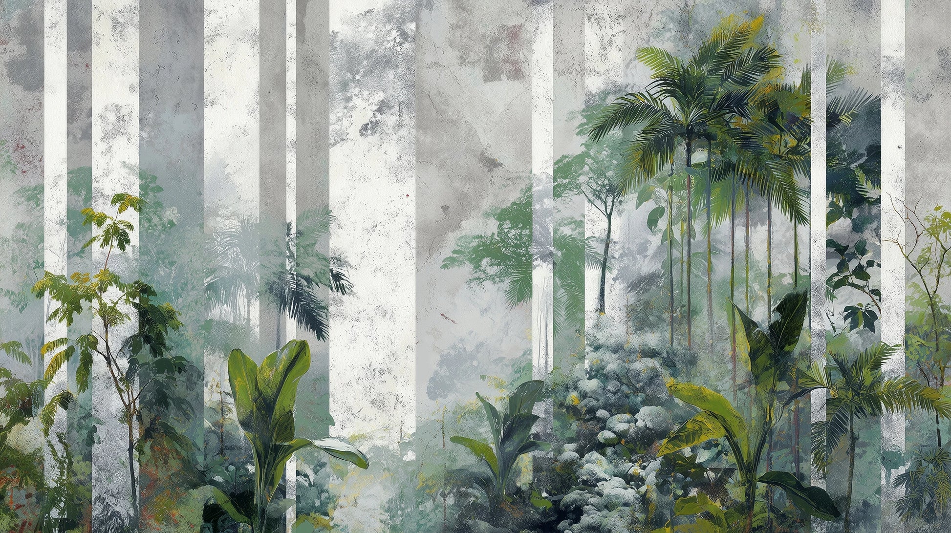 Prezentacja całego wzoru fototapety o nazwie FOREST COLUMNS - tapeta z tropikalną mglistą dżunglą