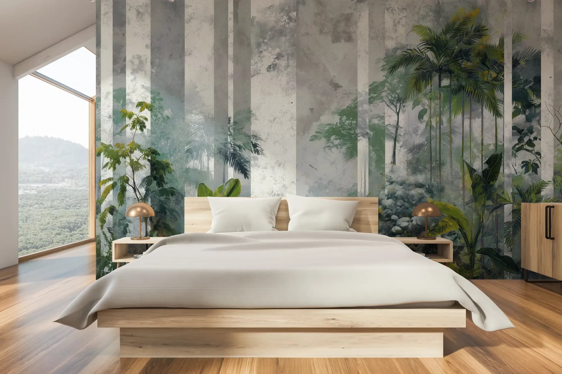 Wzór fototapety FOREST COLUMNS - tapeta z tropikalną mglistą dżunglą pokazanej w aranżacji sypialni.