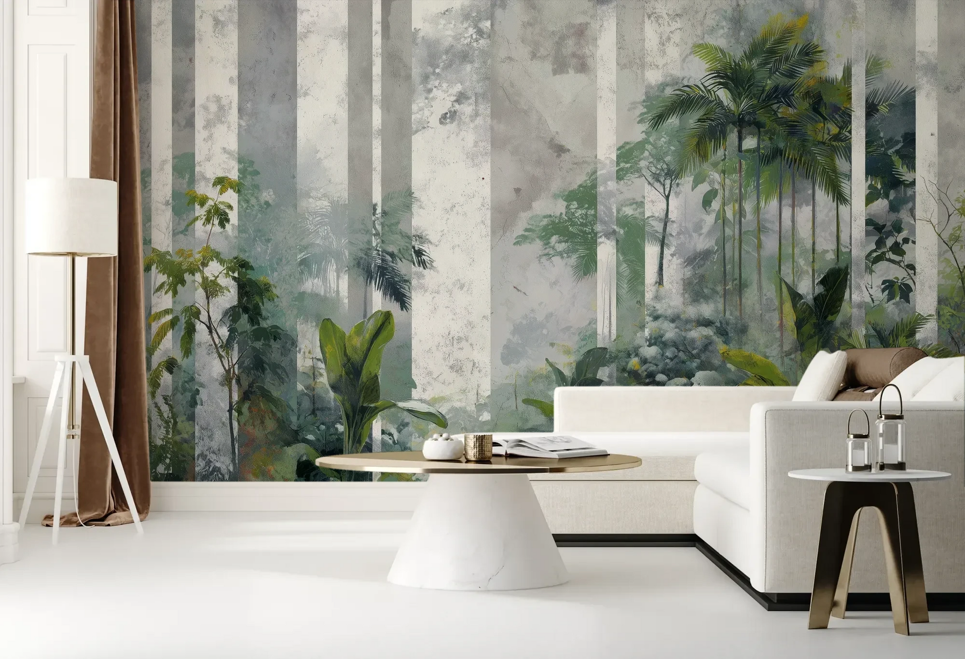Wzór fototapety FOREST COLUMNS - tapeta z tropikalną mglistą dżunglą pokazanej w aranżacji salonu.